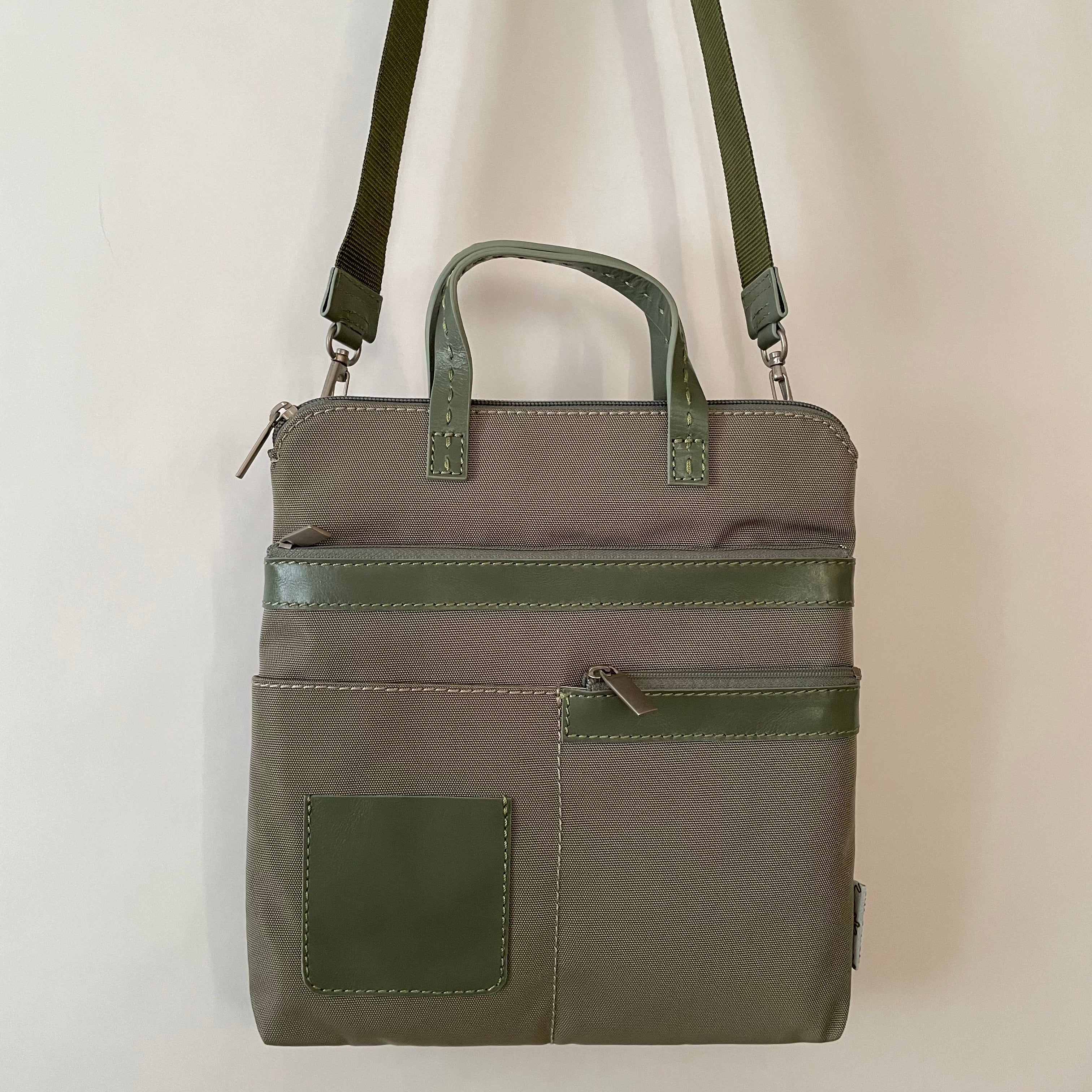 Premium Collection | Small Nylon x Leather Mix Cross-Body Shoulder Bag with Metal Zipper Pulls and Rose Embroidery | Sage