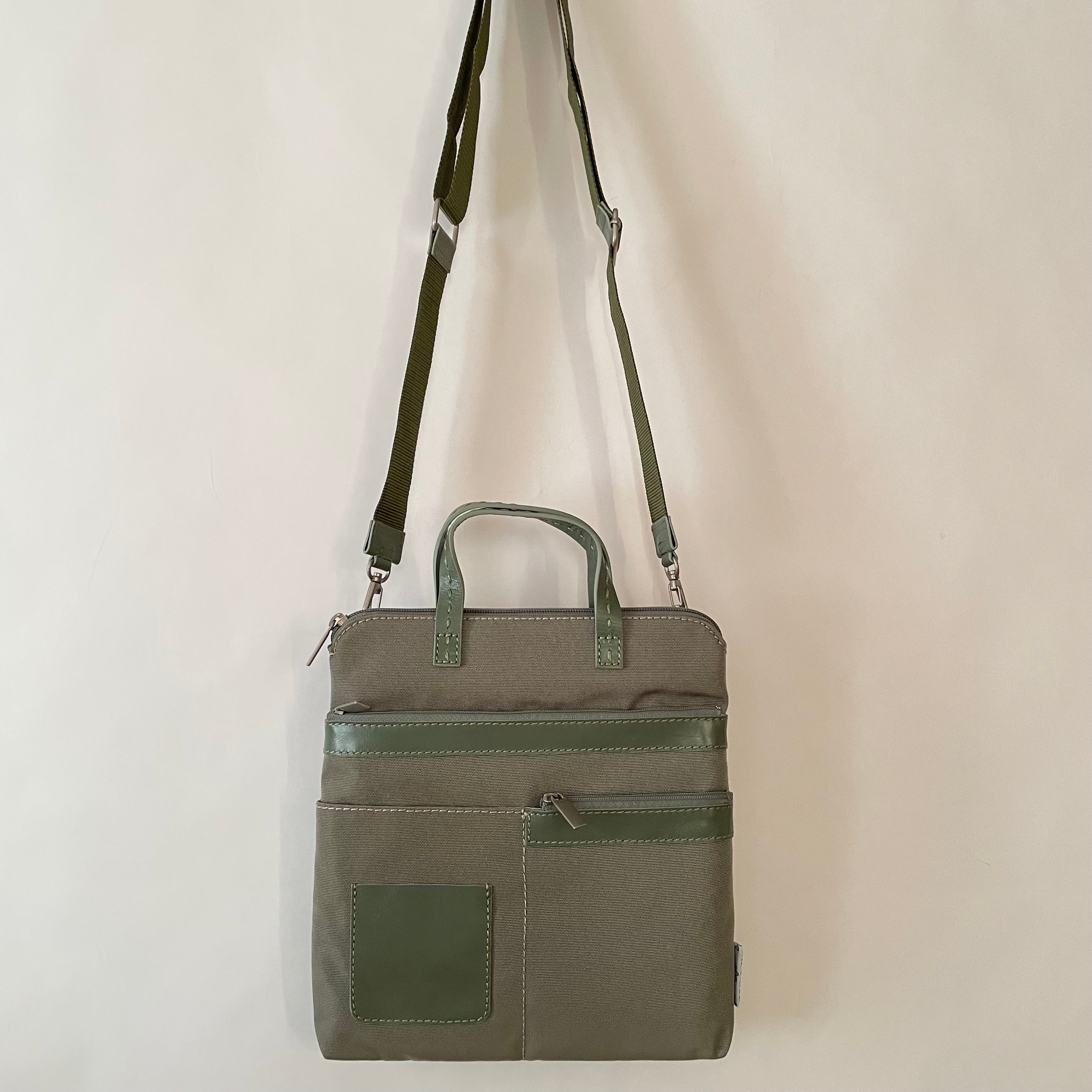 Premium Collection | Small Nylon x Leather Mix Cross-Body Shoulder Bag with Metal Zipper Pulls and Rose Embroidery | Sage