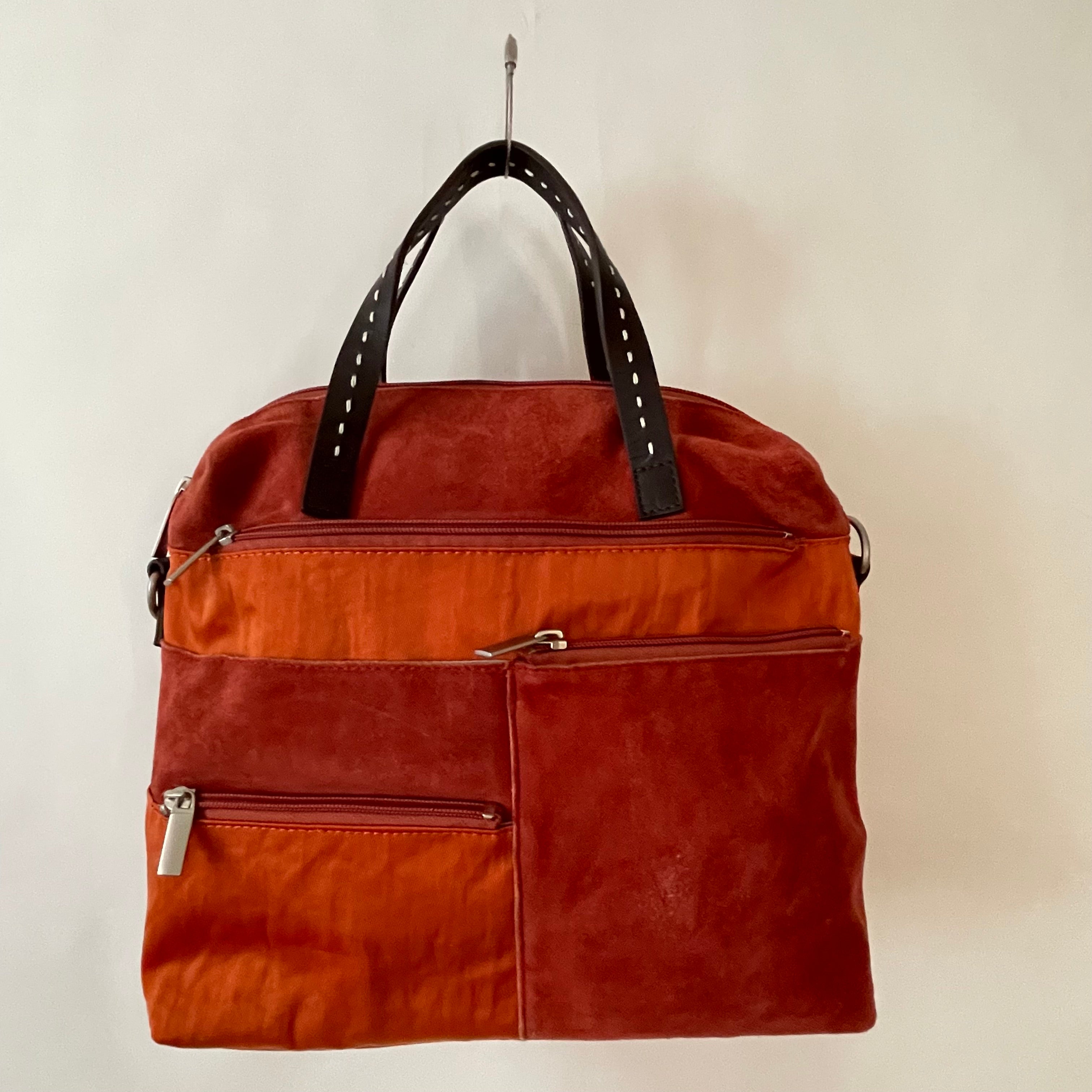 Premium Collection | Medium Nylon x Velour Leather Mix Bag with Detachable Adjustable Strap and Pony/Ship Embroidery | Terracotta