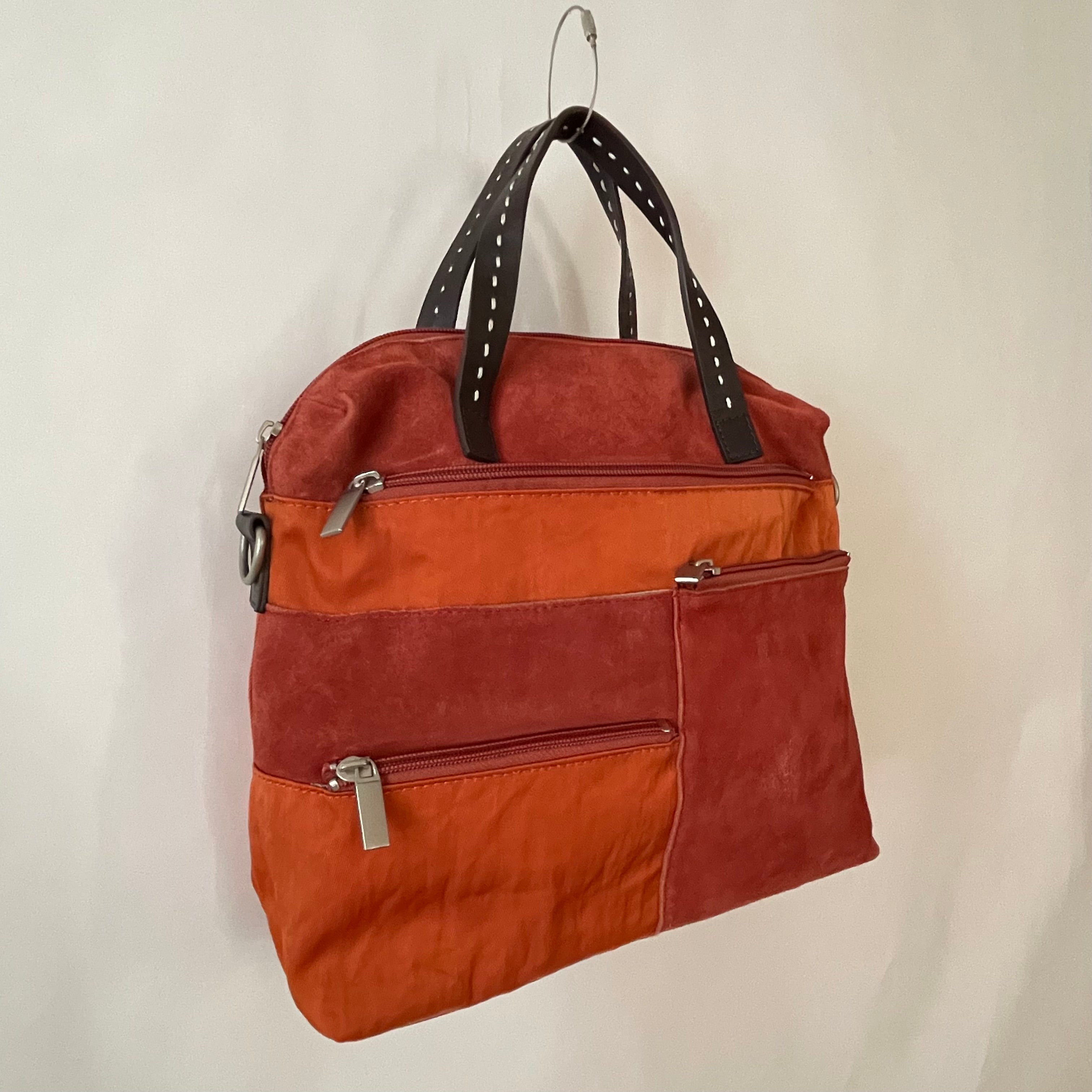 Premium Collection | Medium Nylon x Velour Leather Mix Bag with Detachable Adjustable Strap and Pony/Ship Embroidery | Terracotta