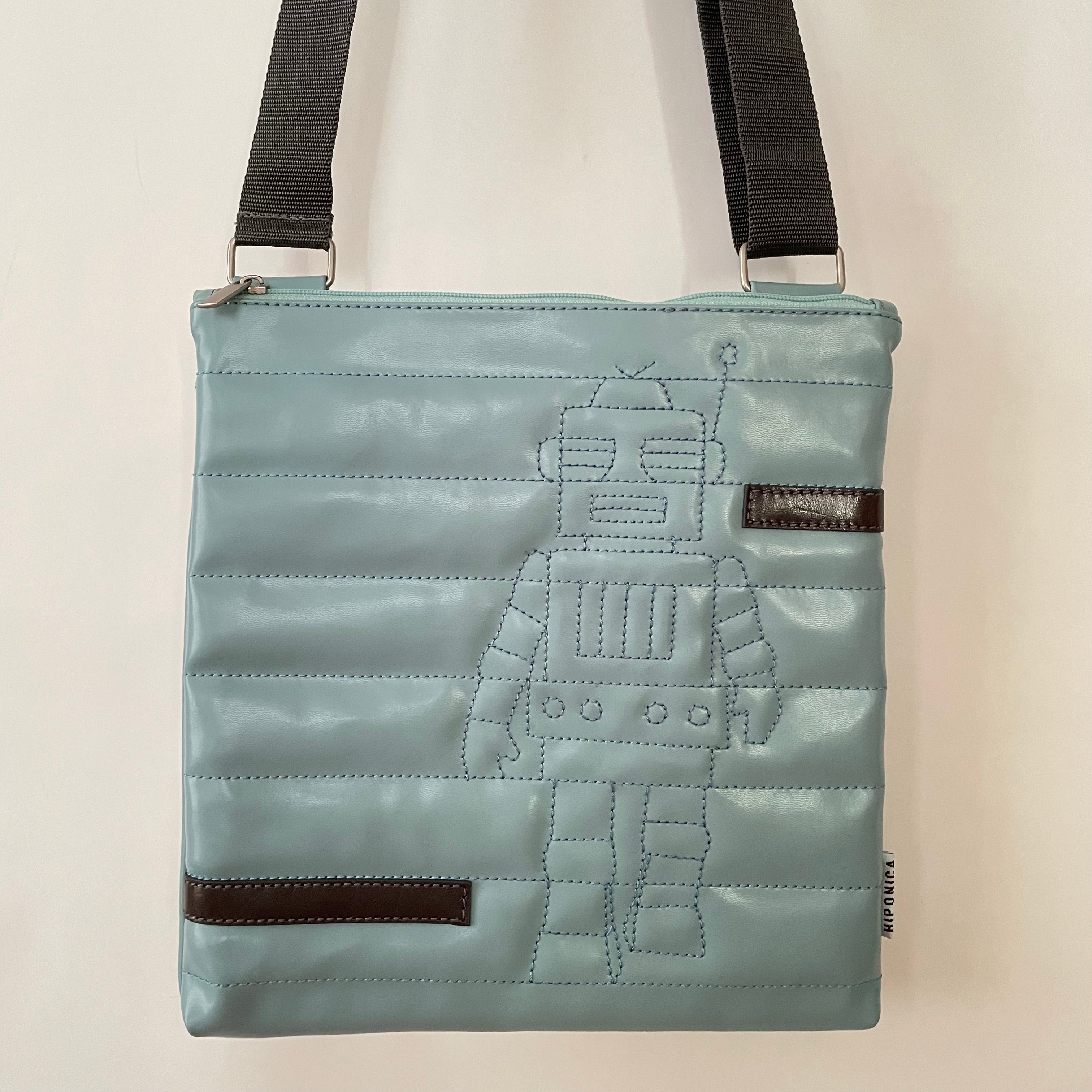 Premium Collection | Small Faux Leather Bag with Robot Stitch Accent | Light Blue x Grey