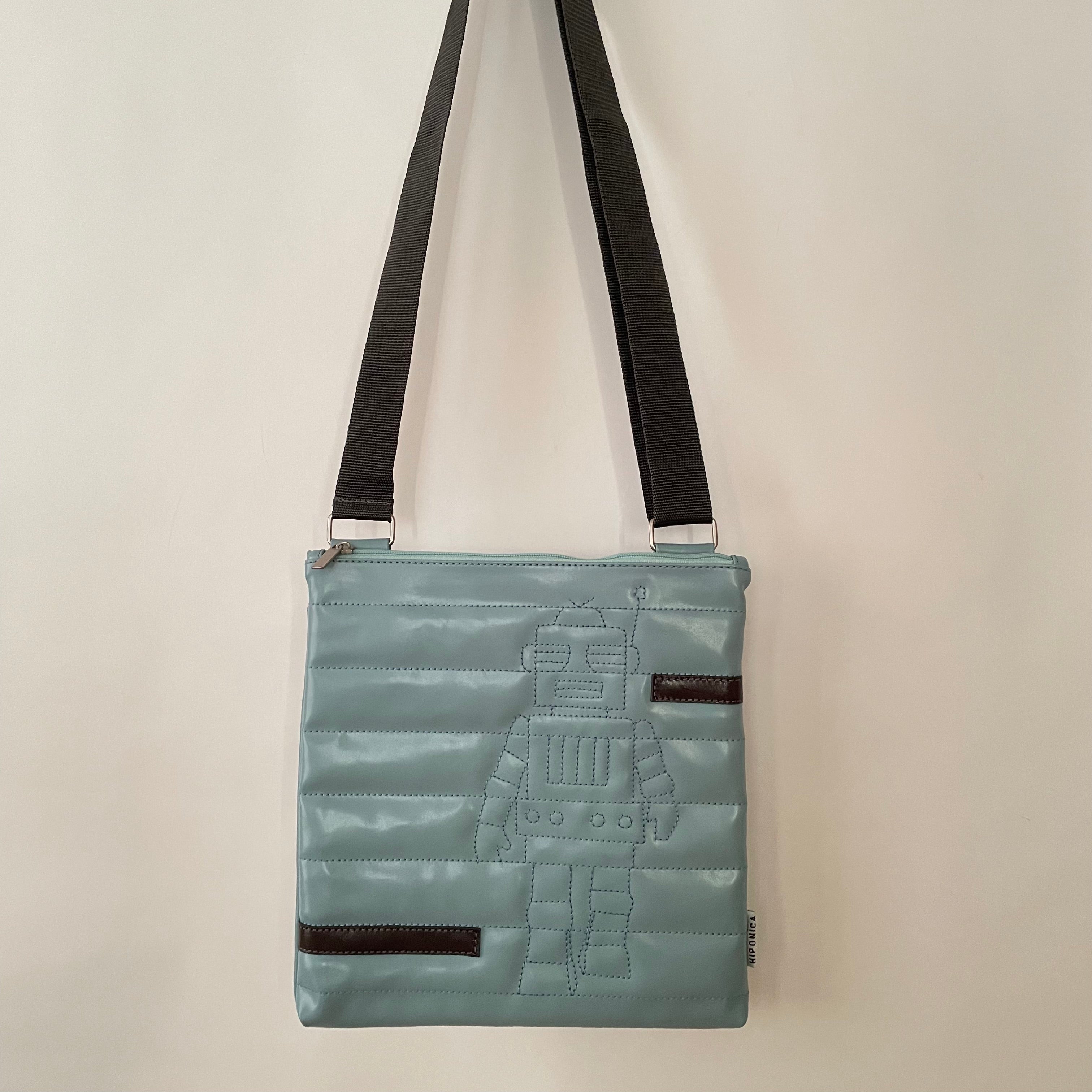 Premium Collection | Small Faux Leather Bag with Robot Stitch Accent | Light Blue x Grey