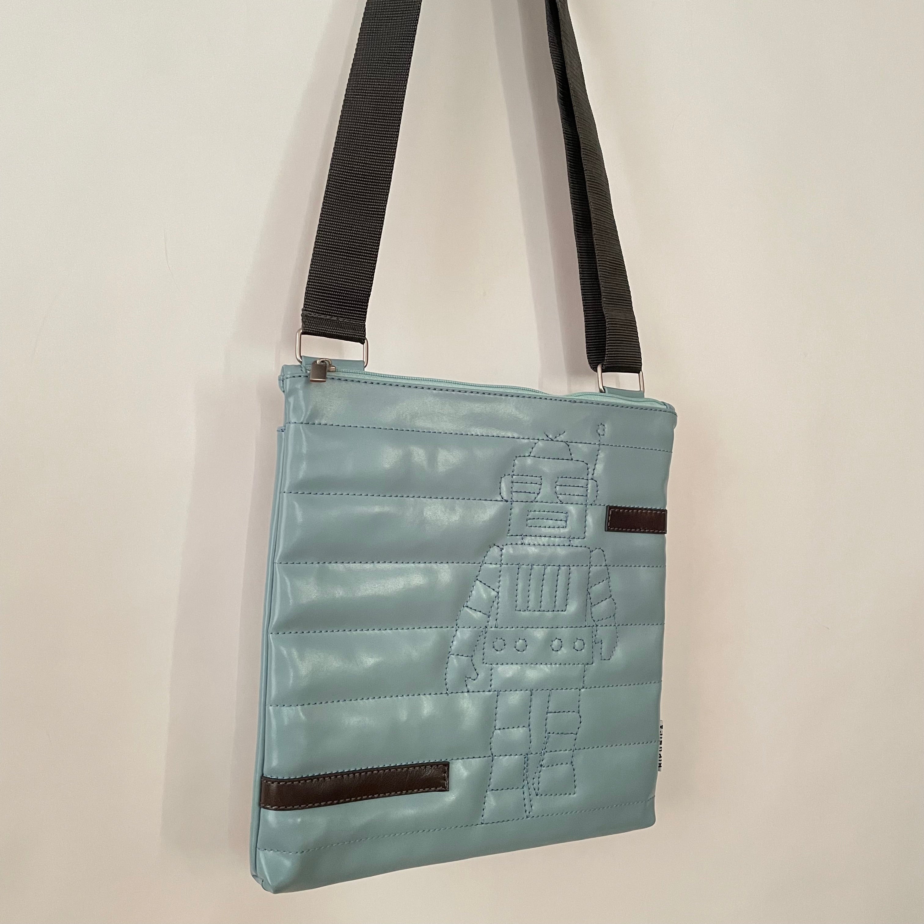 Premium Collection | Small Faux Leather Bag with Robot Stitch Accent | Light Blue x Grey
