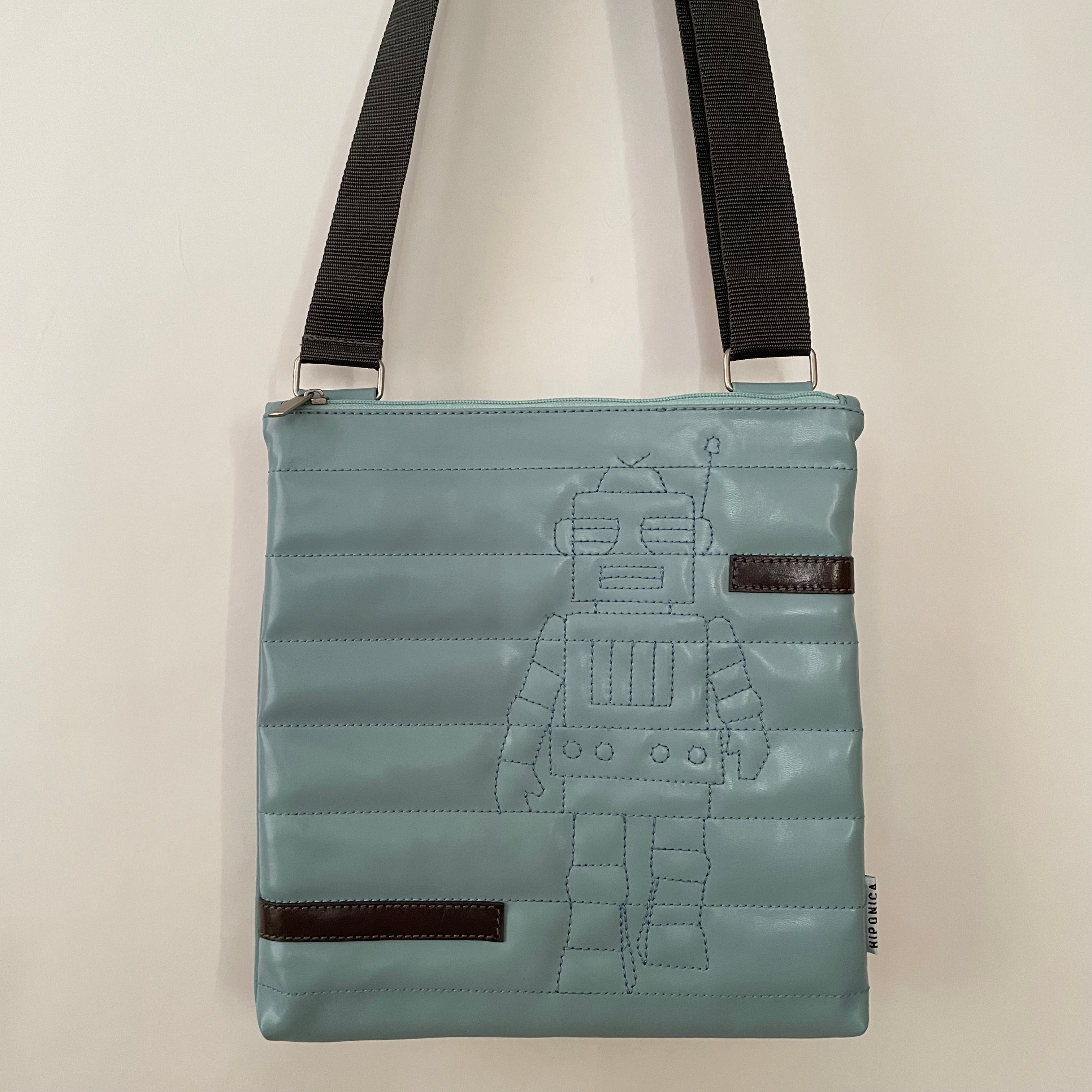 Premium Collection | Small Faux Leather Bag with Robot Stitch Accent | Light Blue x Grey