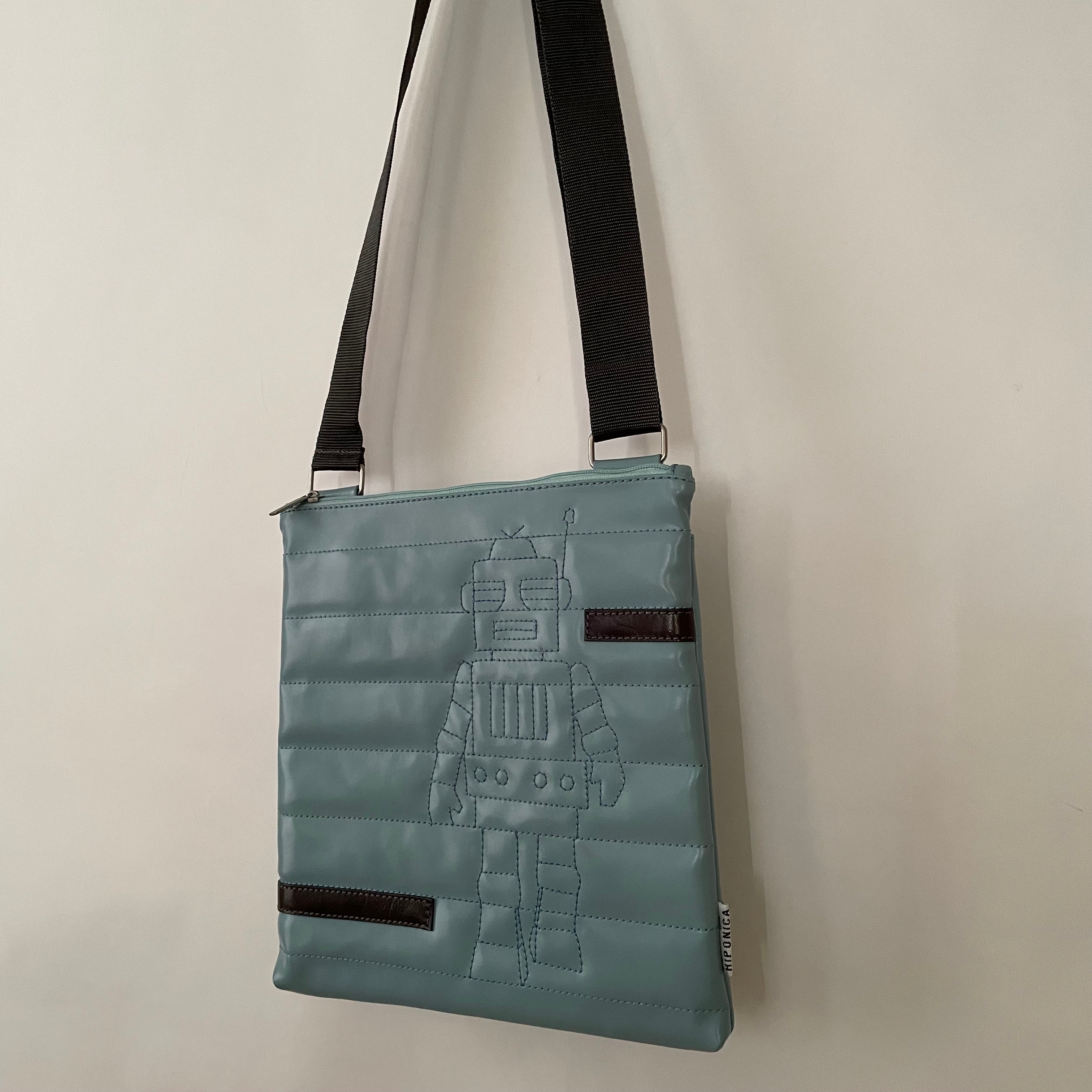 Premium Collection | Small Faux Leather Bag with Robot Stitch Accent | Light Blue x Grey