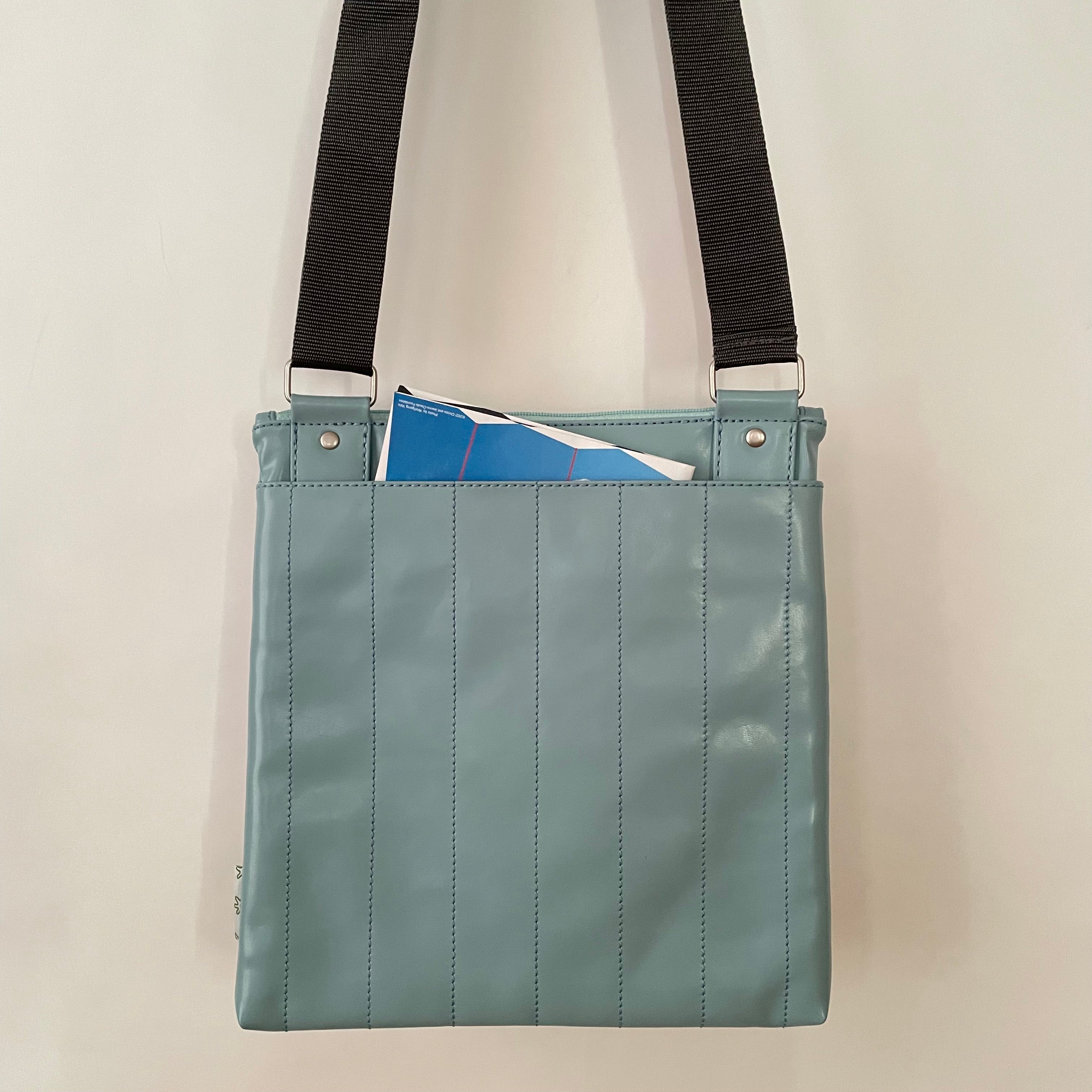 Premium Collection | Small Faux Leather Bag with Robot Stitch Accent | Light Blue x Grey