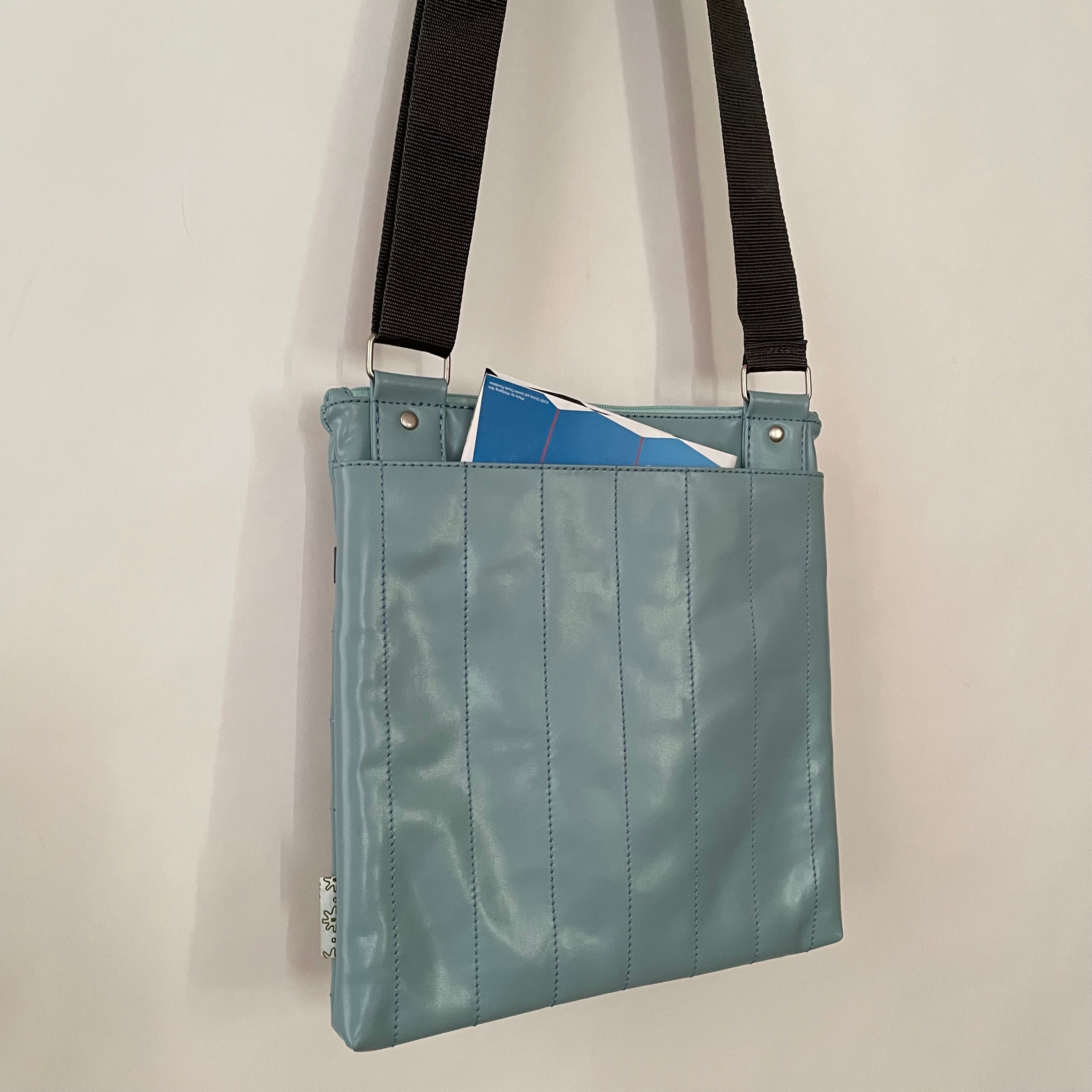 Premium Collection | Small Faux Leather Bag with Robot Stitch Accent | Light Blue x Grey