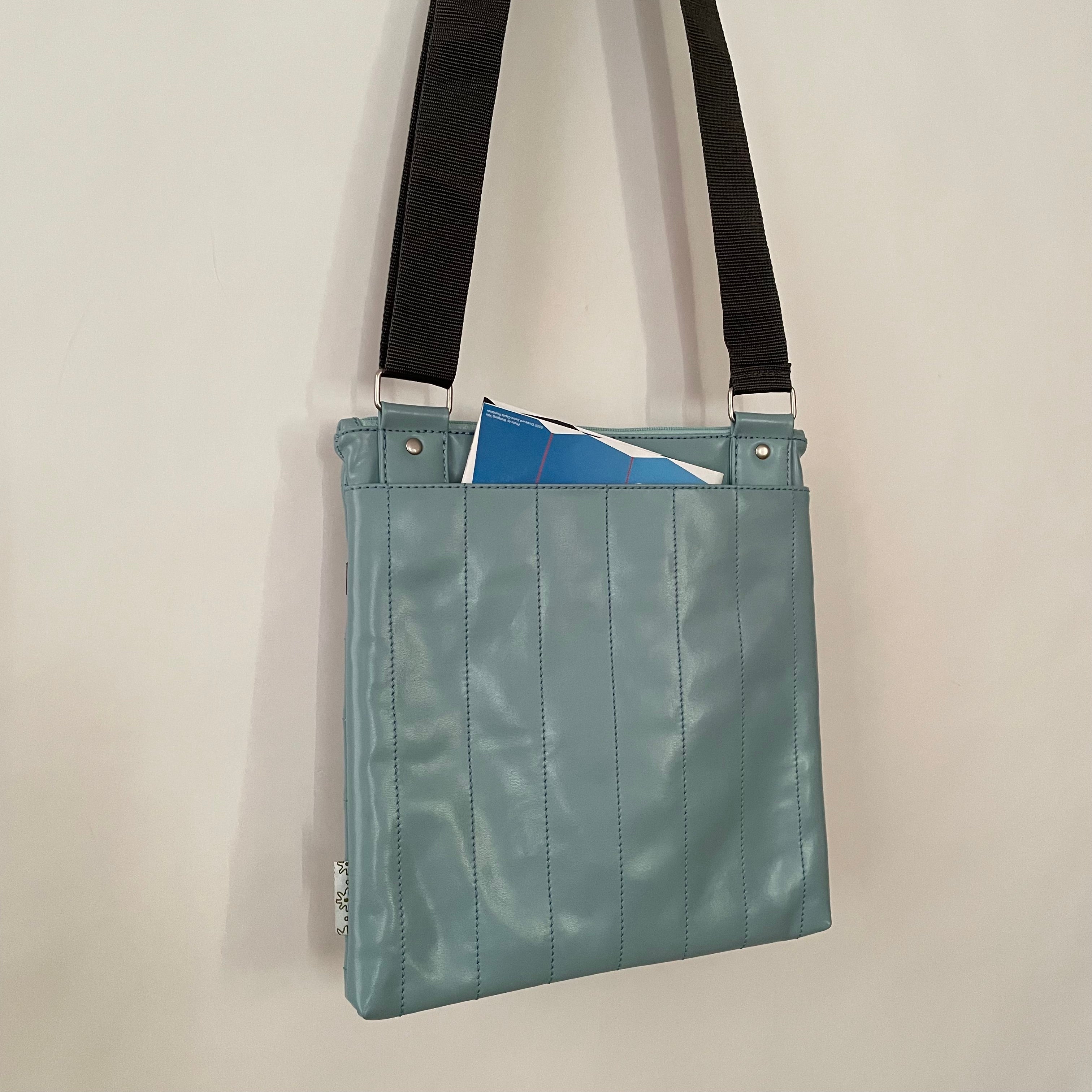 Premium Collection | Small Faux Leather Bag with Robot Stitch Accent | Light Blue x Grey