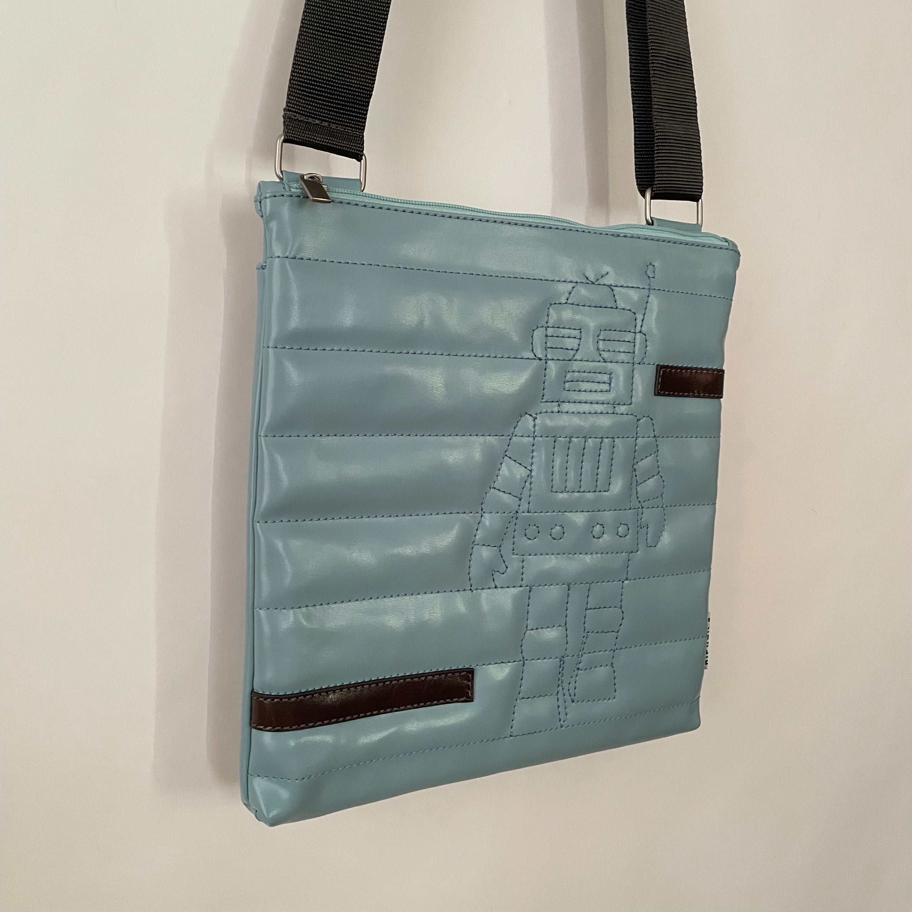 Premium Collection | Small Faux Leather Bag with Robot Stitch Accent | Light Blue x Grey