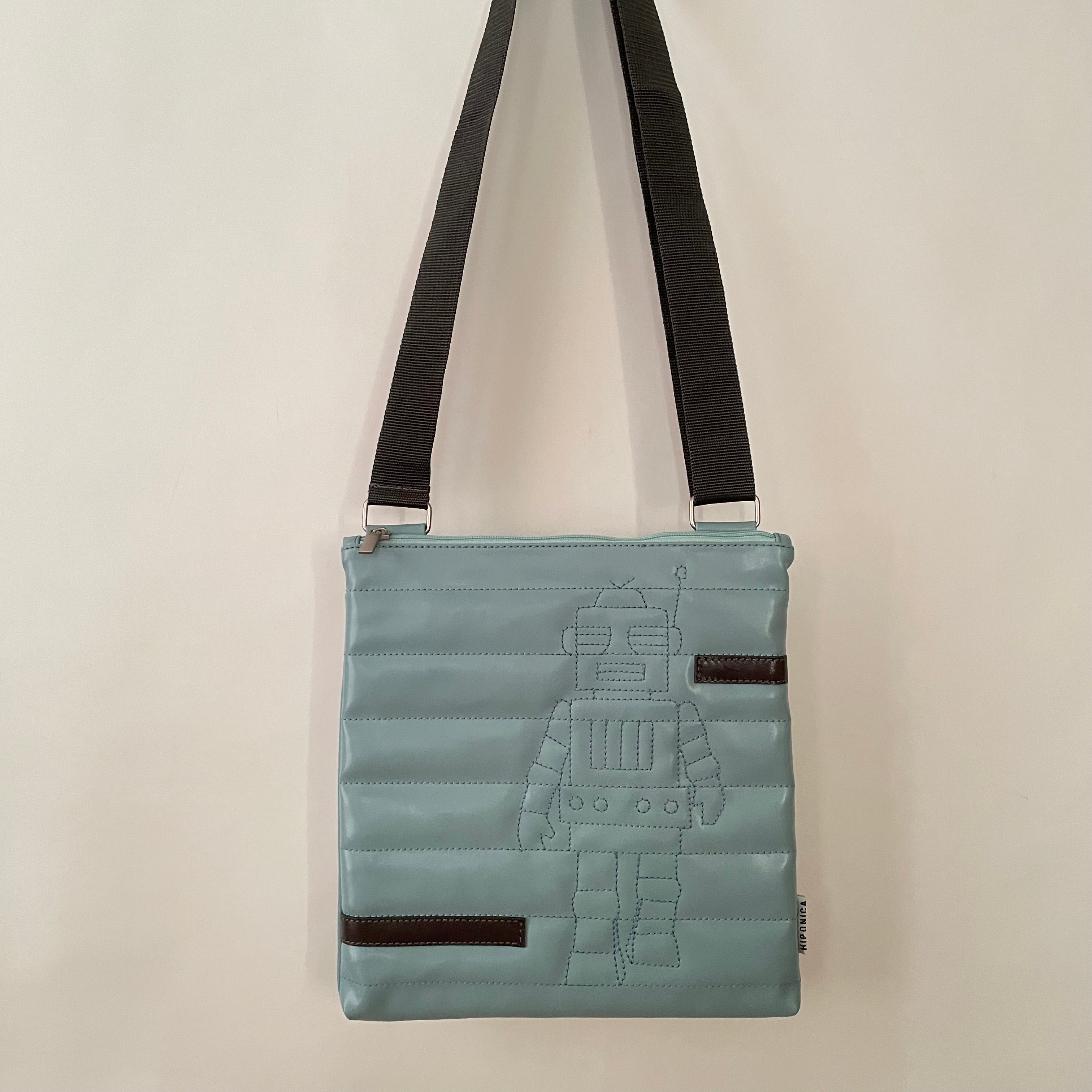 Premium Collection | Small Faux Leather Bag with Robot Stitch Accent | Light Blue x Grey