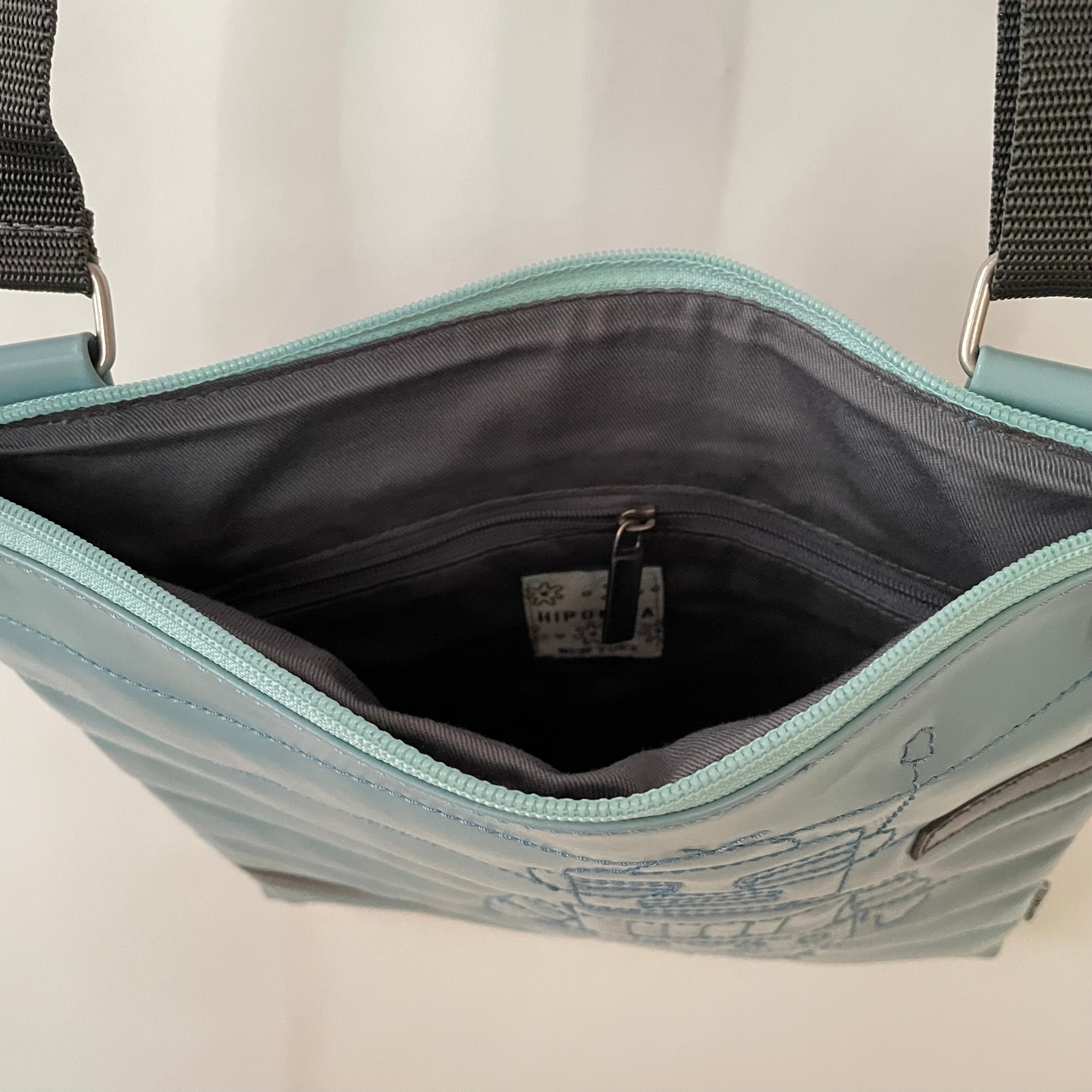 Premium Collection | Small Faux Leather Bag with Robot Stitch Accent | Light Blue x Grey