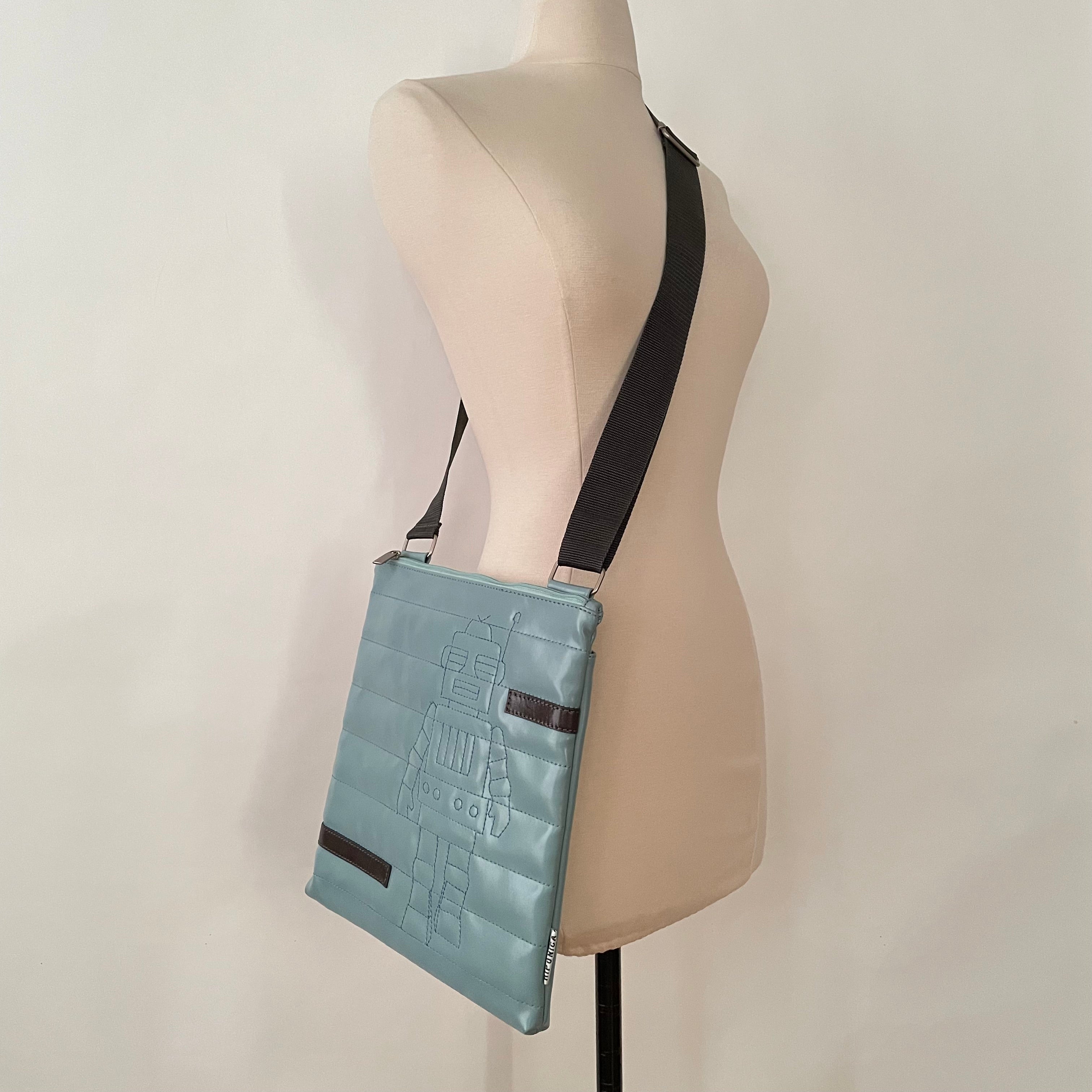 Premium Collection | Small Faux Leather Bag with Robot Stitch Accent | Light Blue x Grey