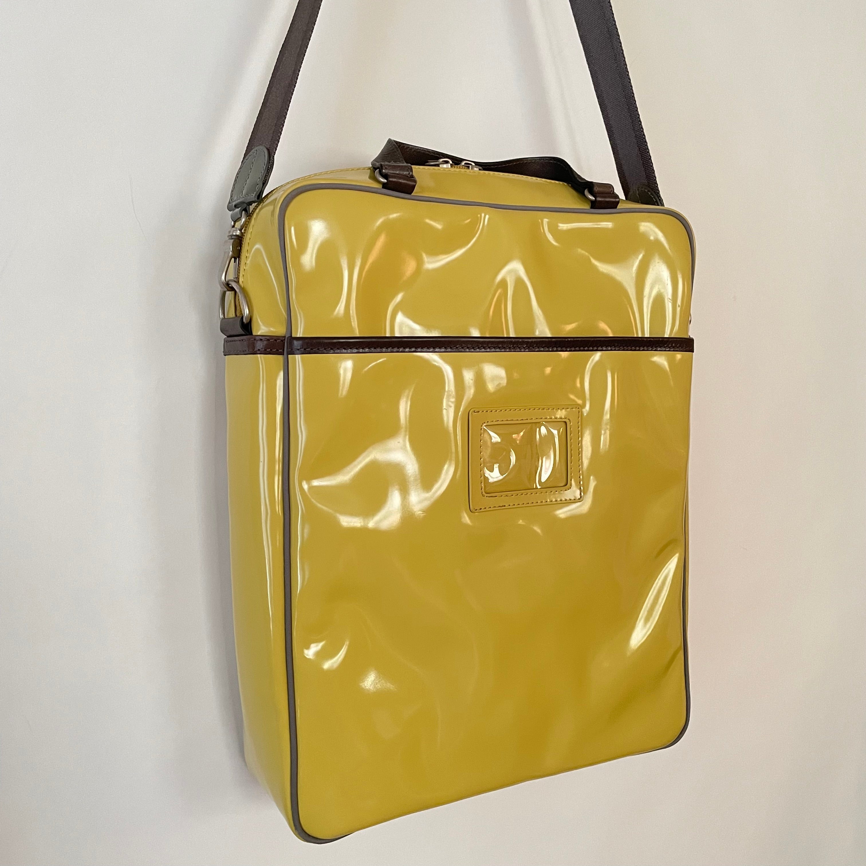 Premium Collection | Tall Vegan Enamel Leather Shoulder Bag with Detachable Shoulder Straps & Genuine Leather Handles & Juggling Robot Print | Yellow