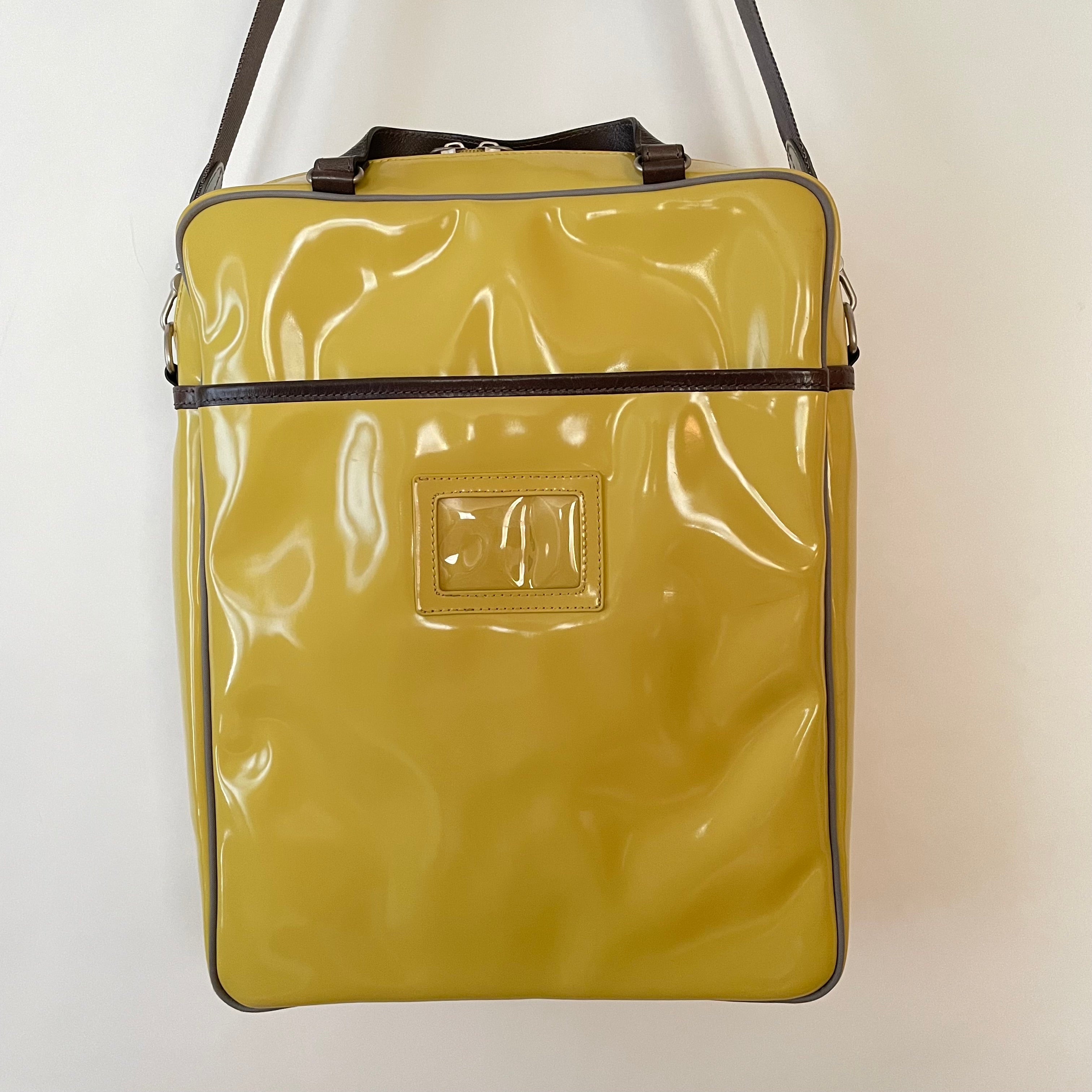 Premium Collection | Tall Vegan Enamel Leather Shoulder Bag with Detachable Shoulder Straps & Genuine Leather Handles & Juggling Robot Print | Yellow