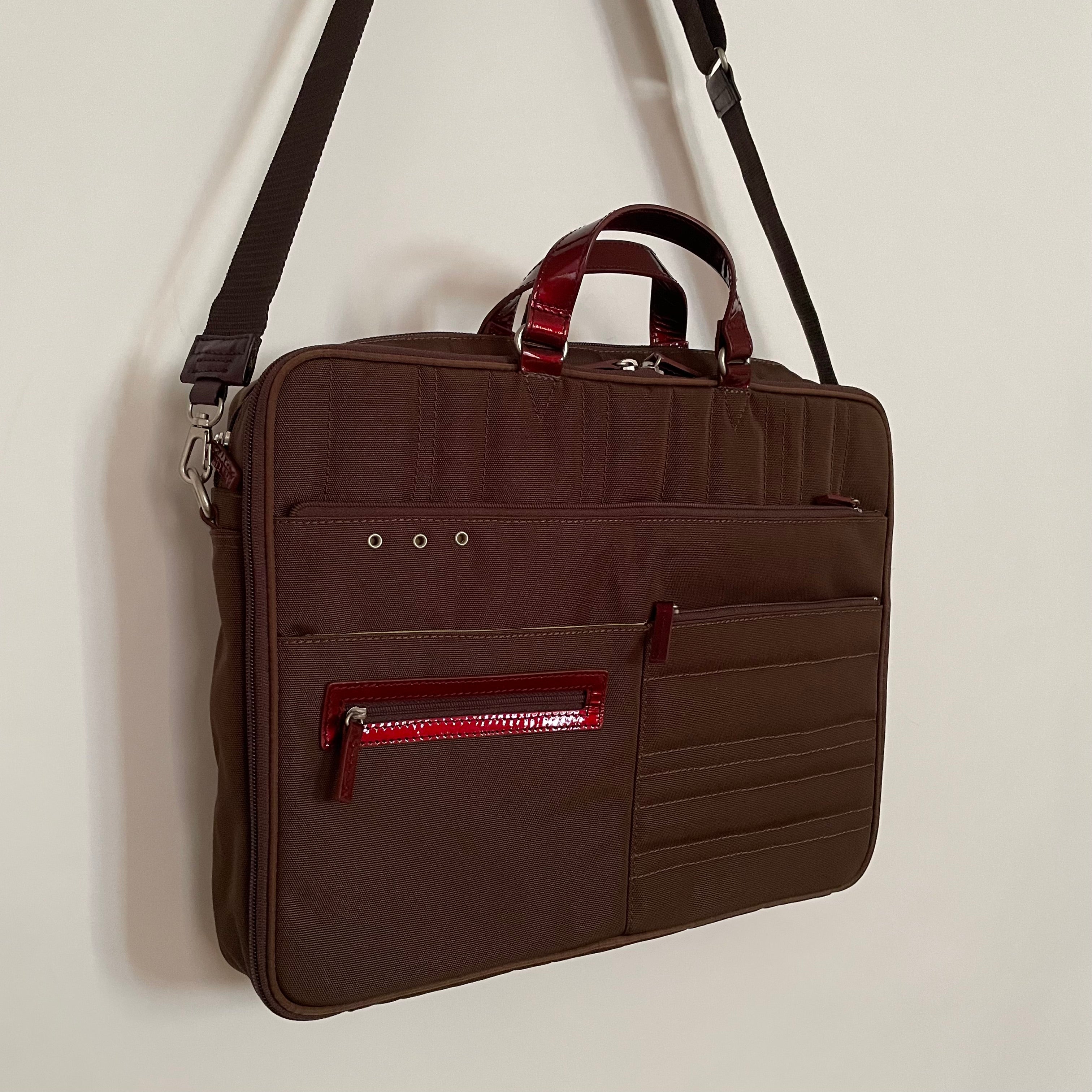 Premium Collection | Nylon x Patent Leather Briefcase | Sepia x Red