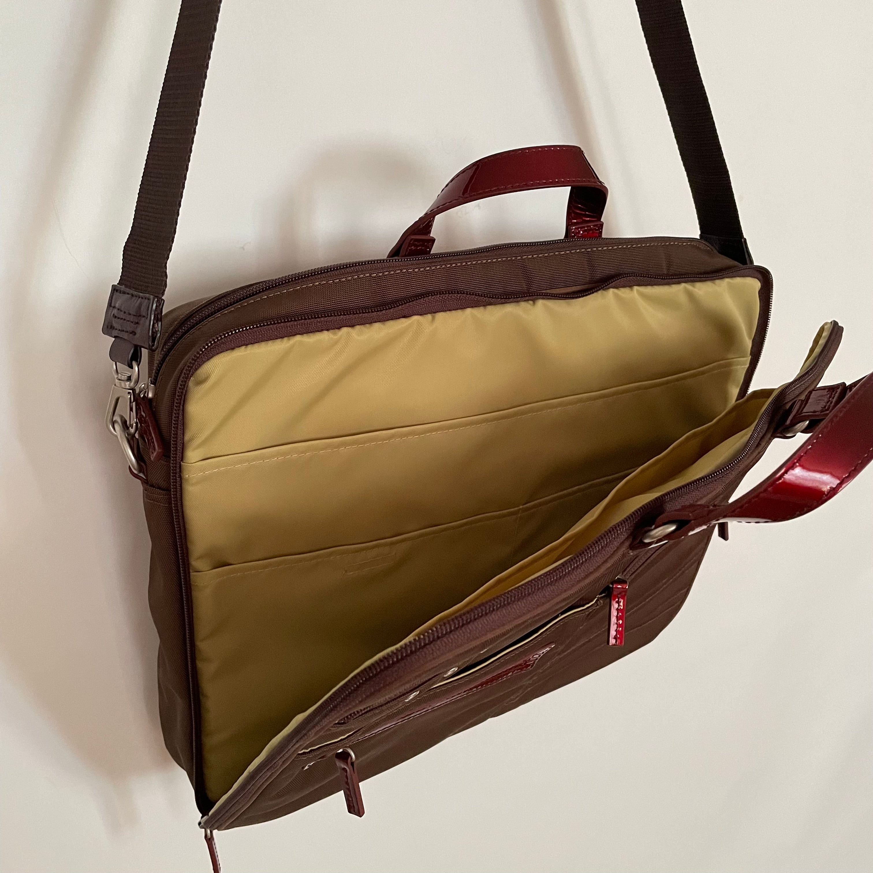 Premium Collection | Nylon x Patent Leather Briefcase | Sepia x Red