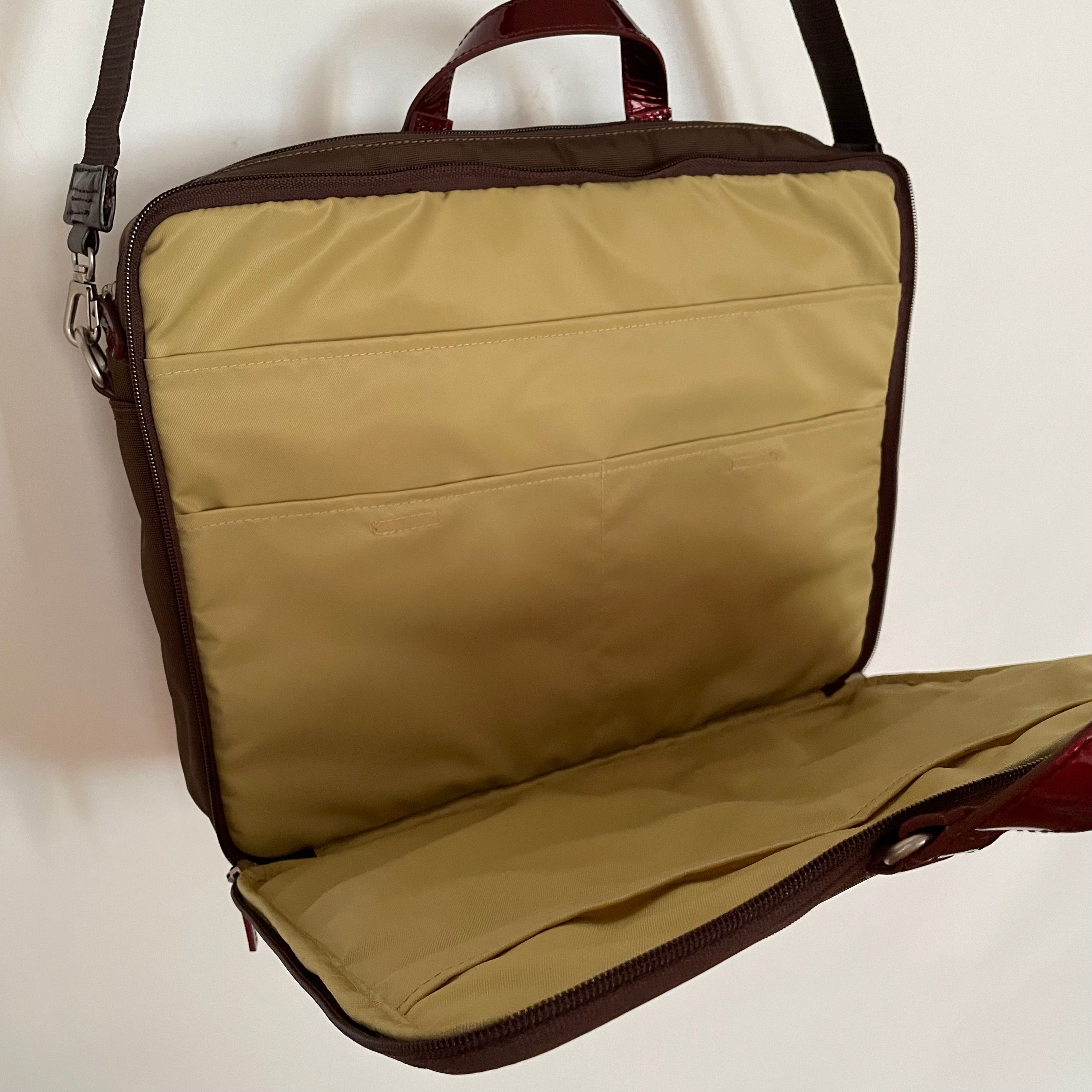 Premium Collection | Nylon x Patent Leather Briefcase | Sepia x Red