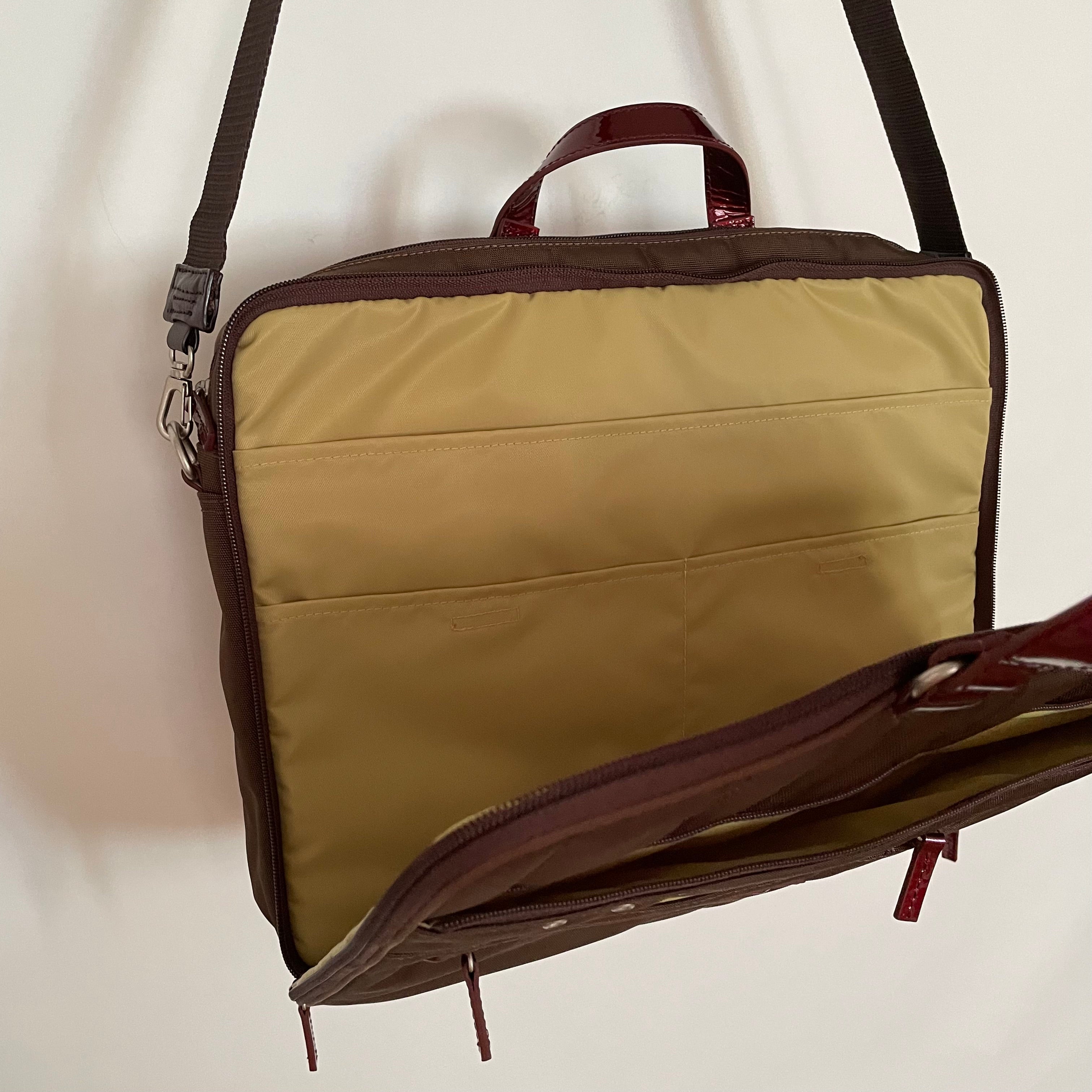 Premium Collection | Nylon x Patent Leather Briefcase | Sepia x Red