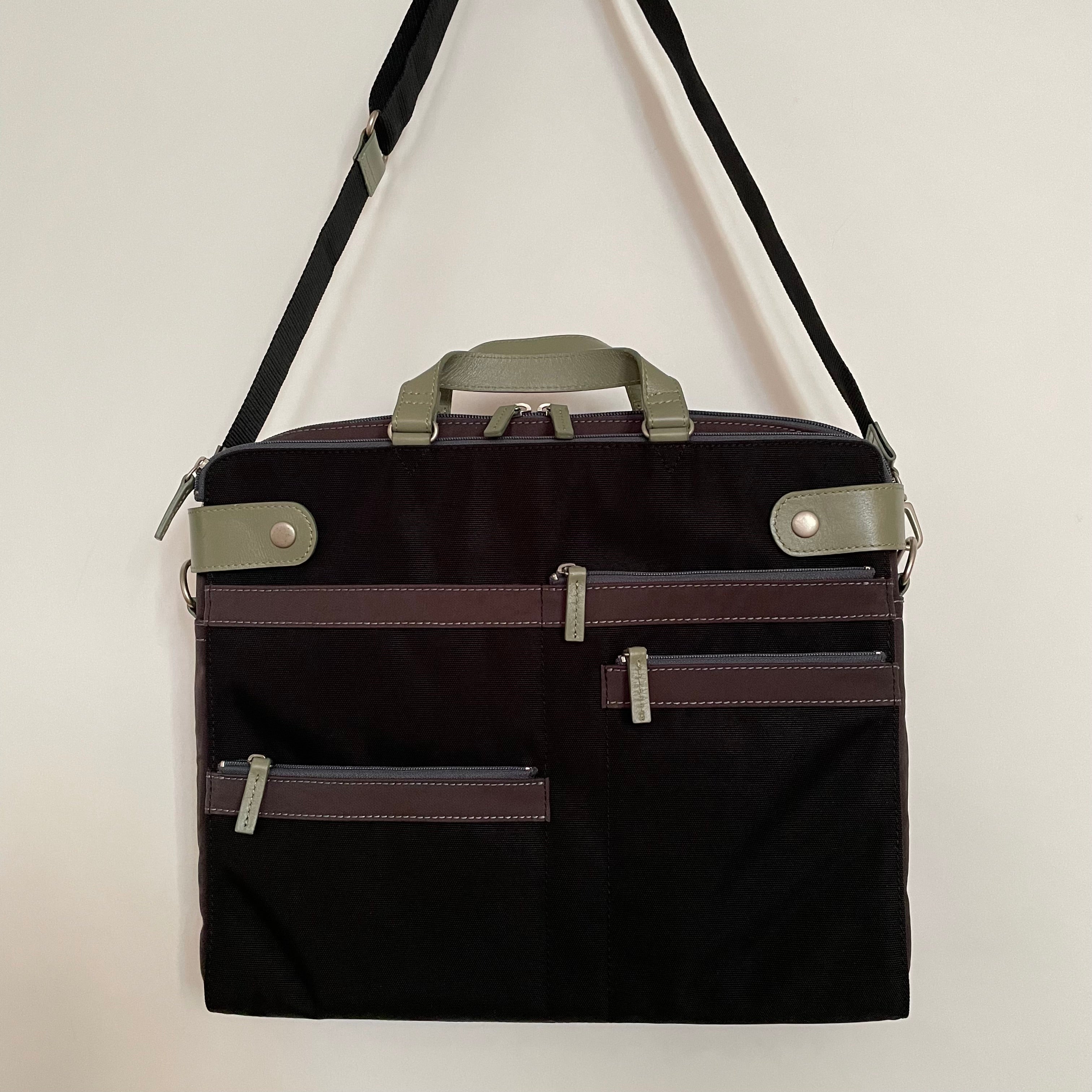 Premium Collection | Nylon x Leather Briefcase with Stripe Stitch Accents | Black x Sage