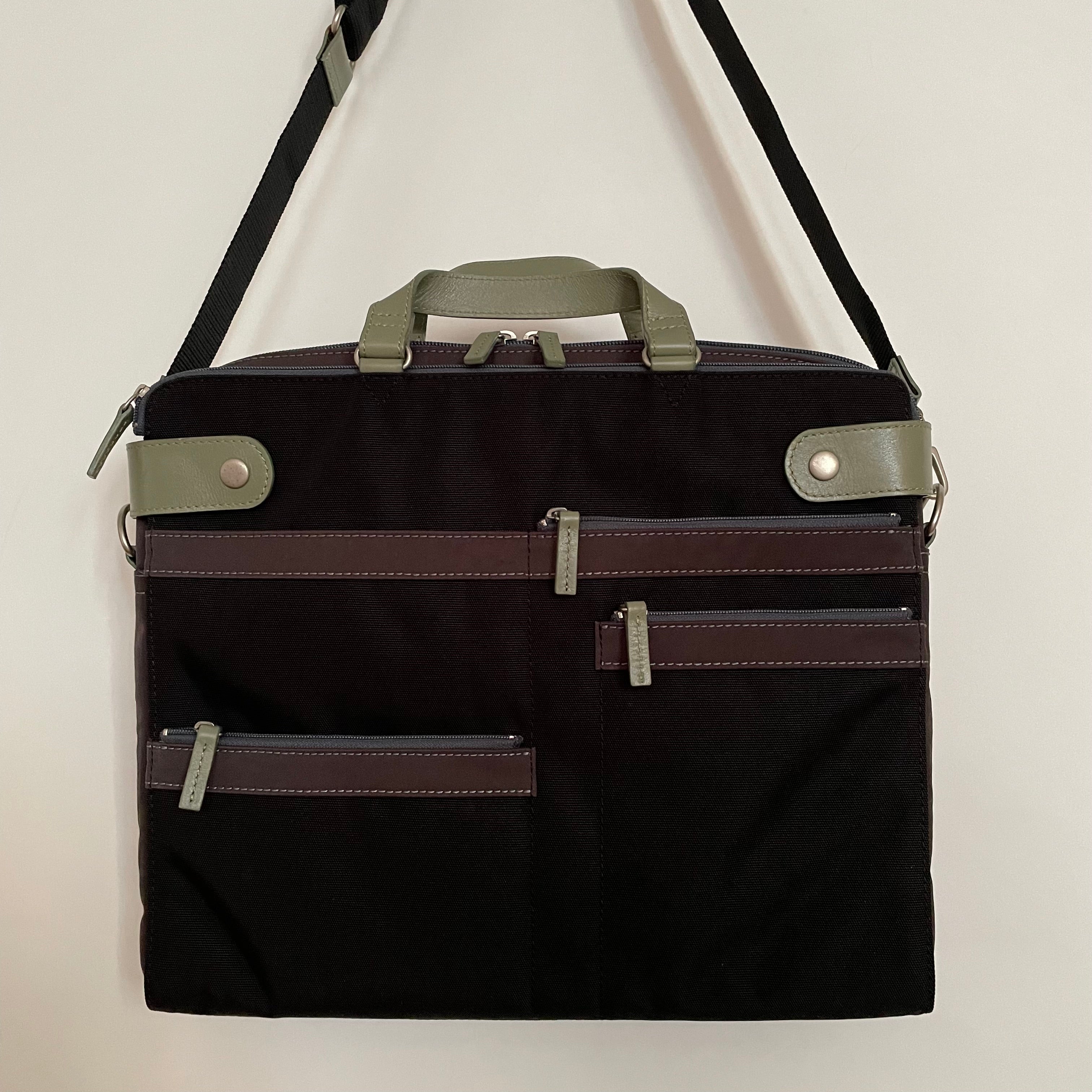 Premium Collection | Nylon x Leather Briefcase with Stripe Stitch Accents | Black x Sage