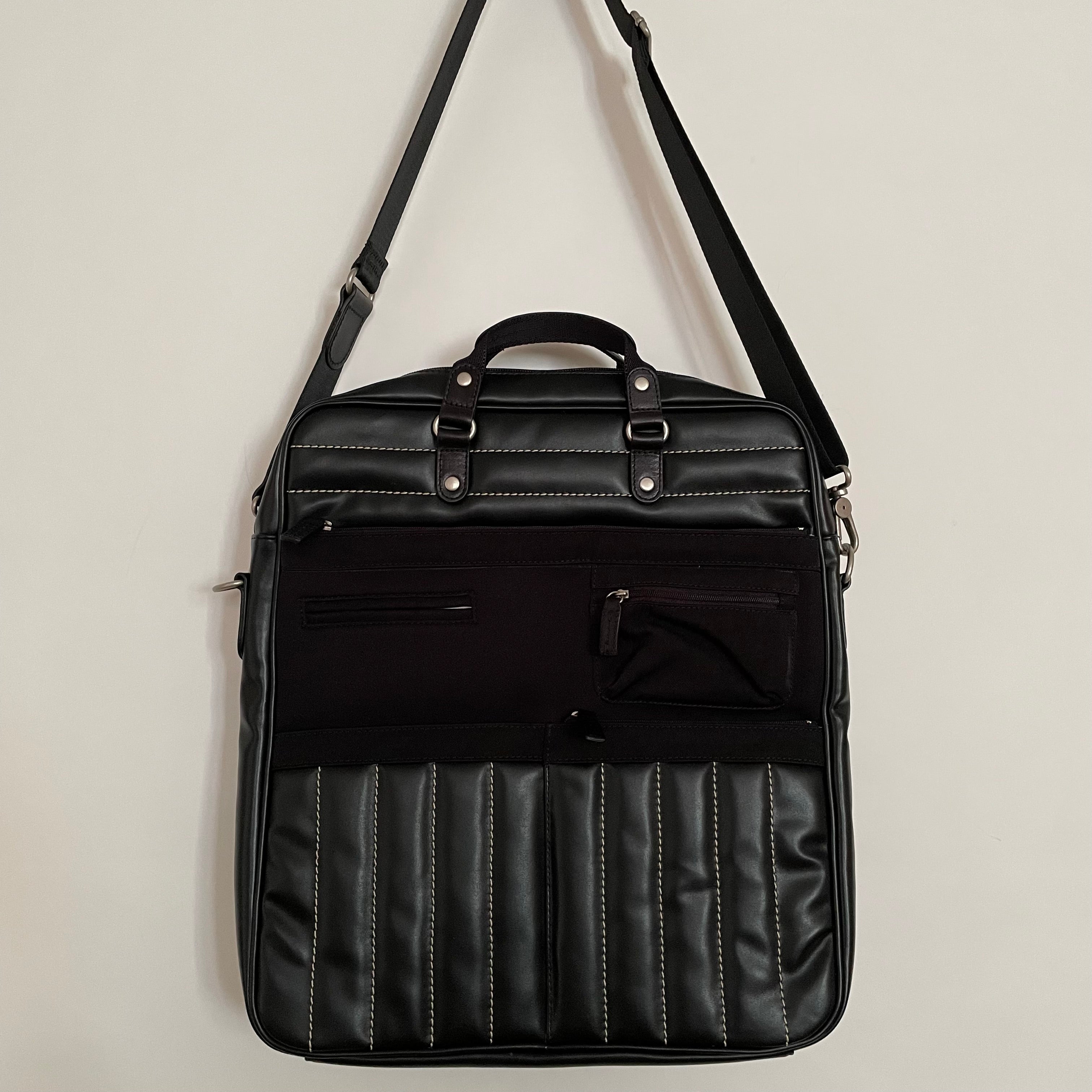 Premium Collection | Tall Vegan Leather x Nylon x Leather Handles Briefcase with Stripe Stitch Accents | Black x White