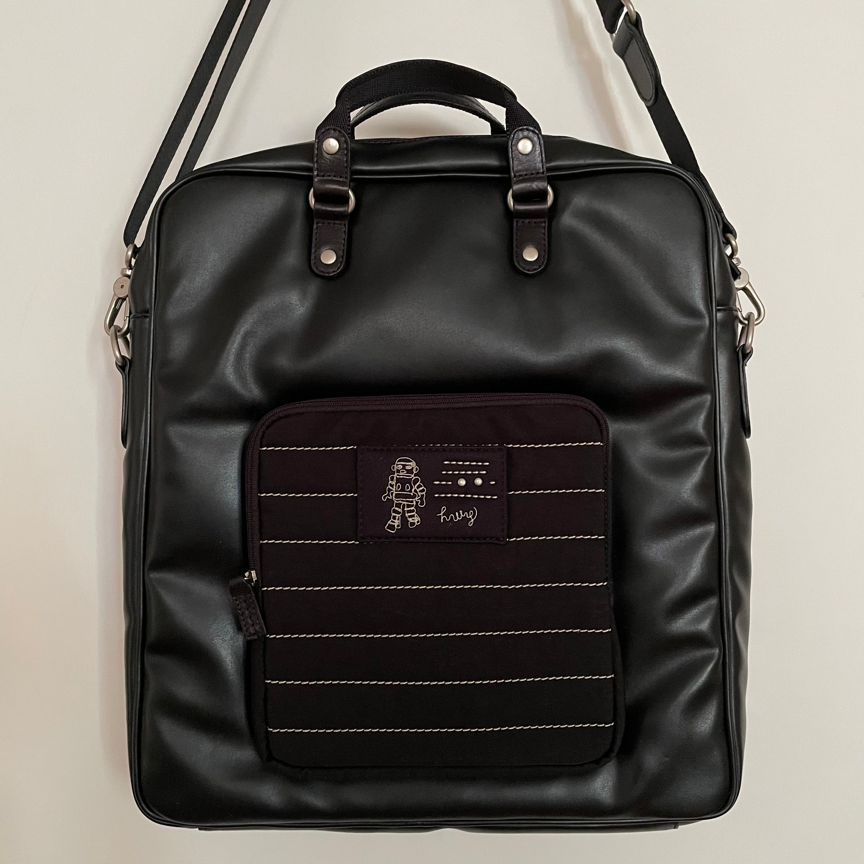 Premium Collection | Tall Vegan Leather x Nylon x Leather Handles Briefcase with Stripe Stitch Accents | Black x White