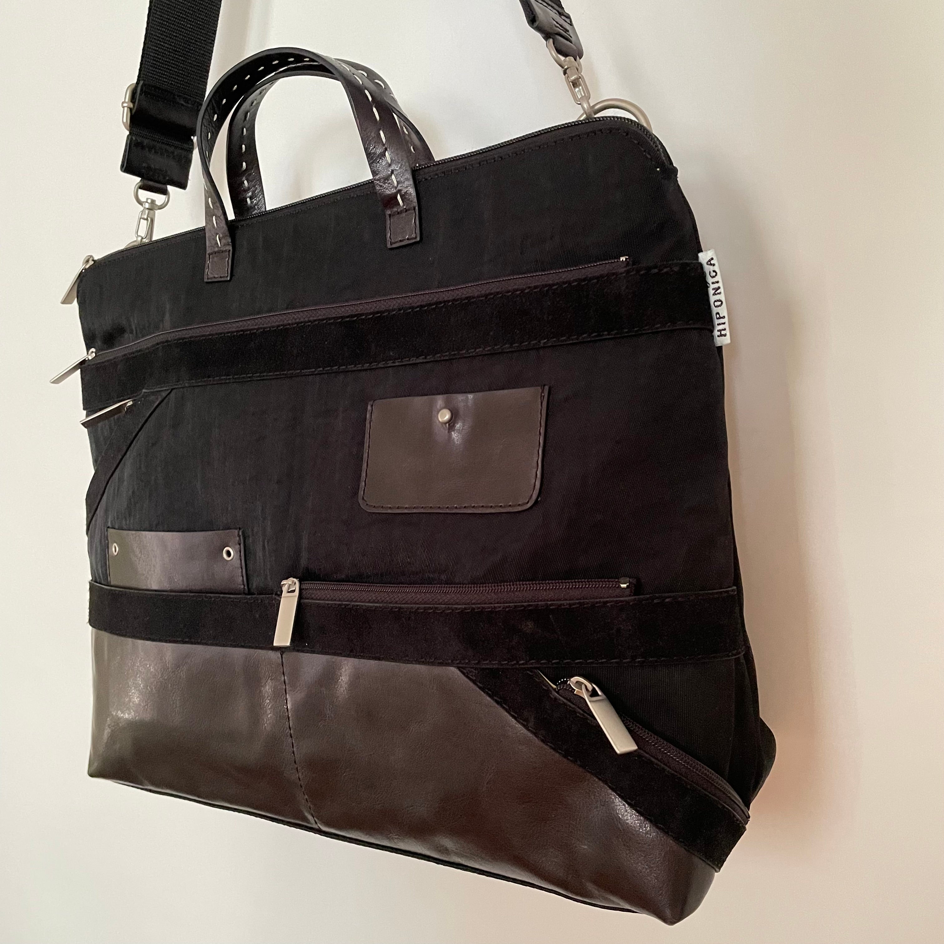 Premium Collection | Nylon x Leather Briefcase with Pony Embroidery | Black