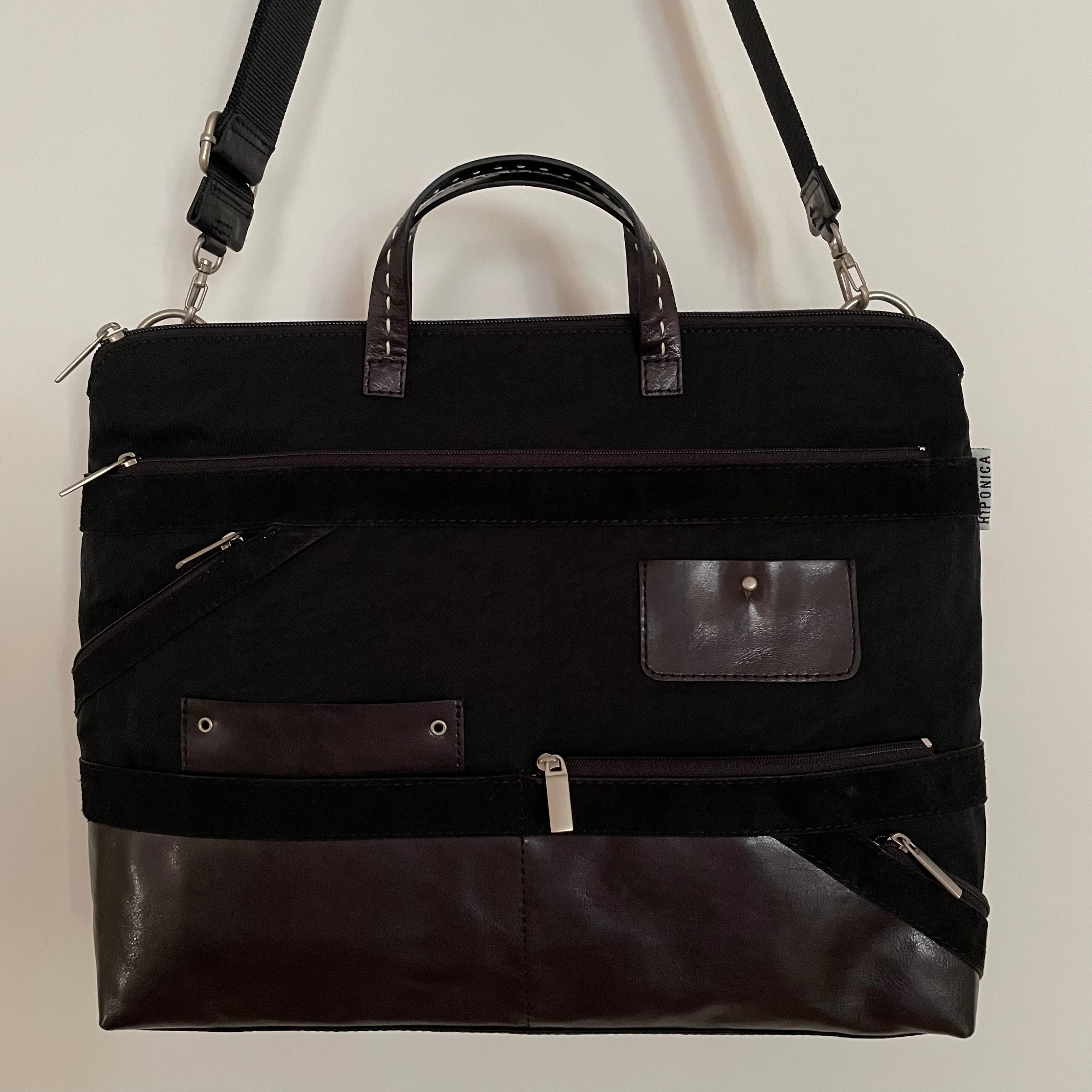 Premium Collection | Nylon x Leather Briefcase with Pony Embroidery | Black