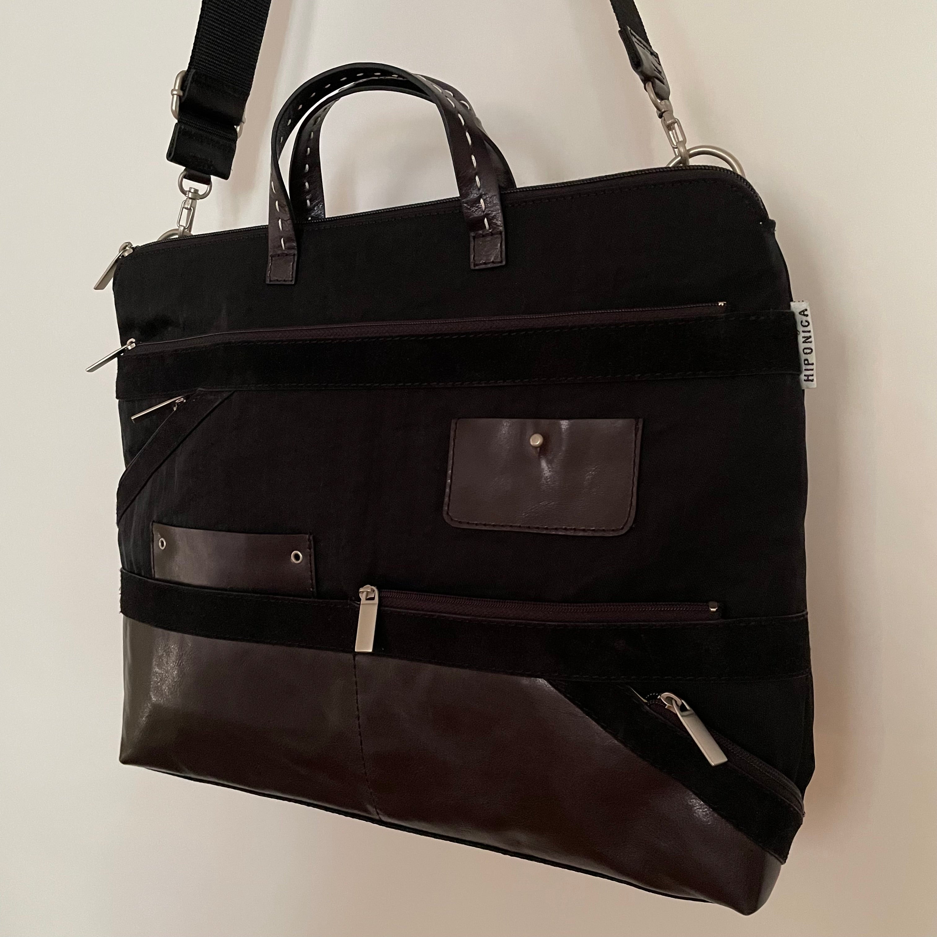 Premium Collection | Nylon x Leather Briefcase with Pony Embroidery | Black