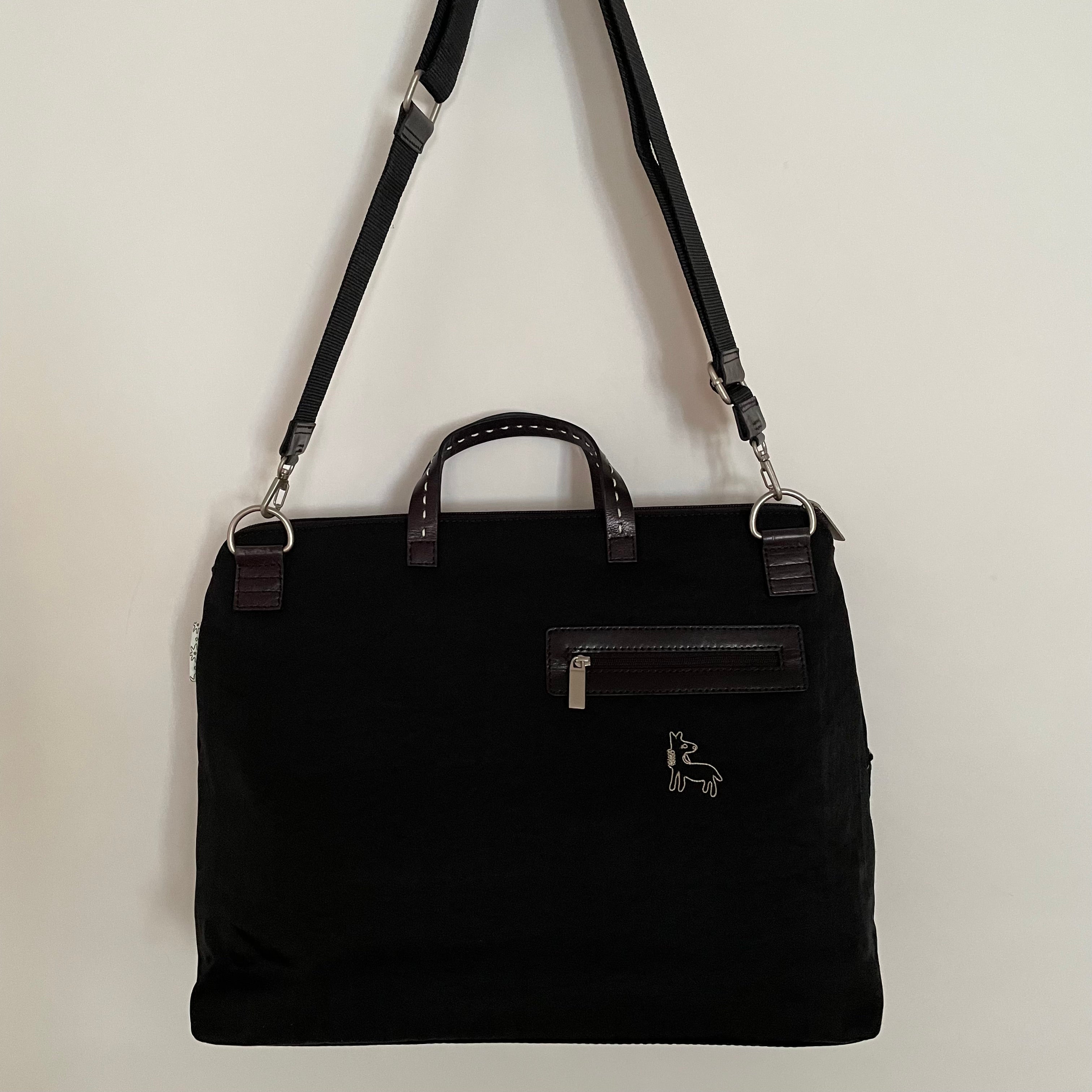 Premium Collection | Nylon x Leather Briefcase with Pony Embroidery | Black
