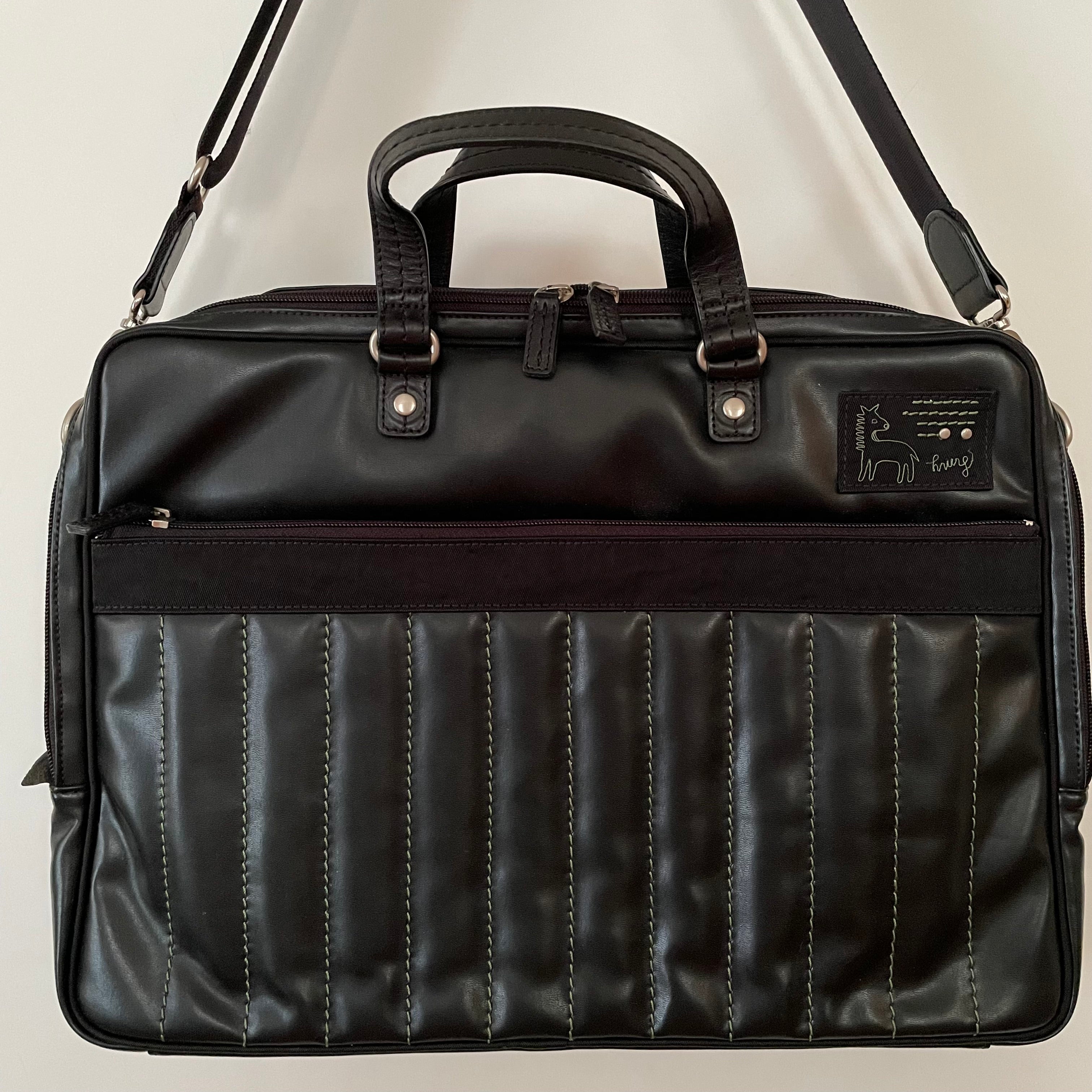 Premium Collection | Vegan Leather x Nylon x Leather Handles Briefcase with Stripe Stitch Accents | Black x Green
