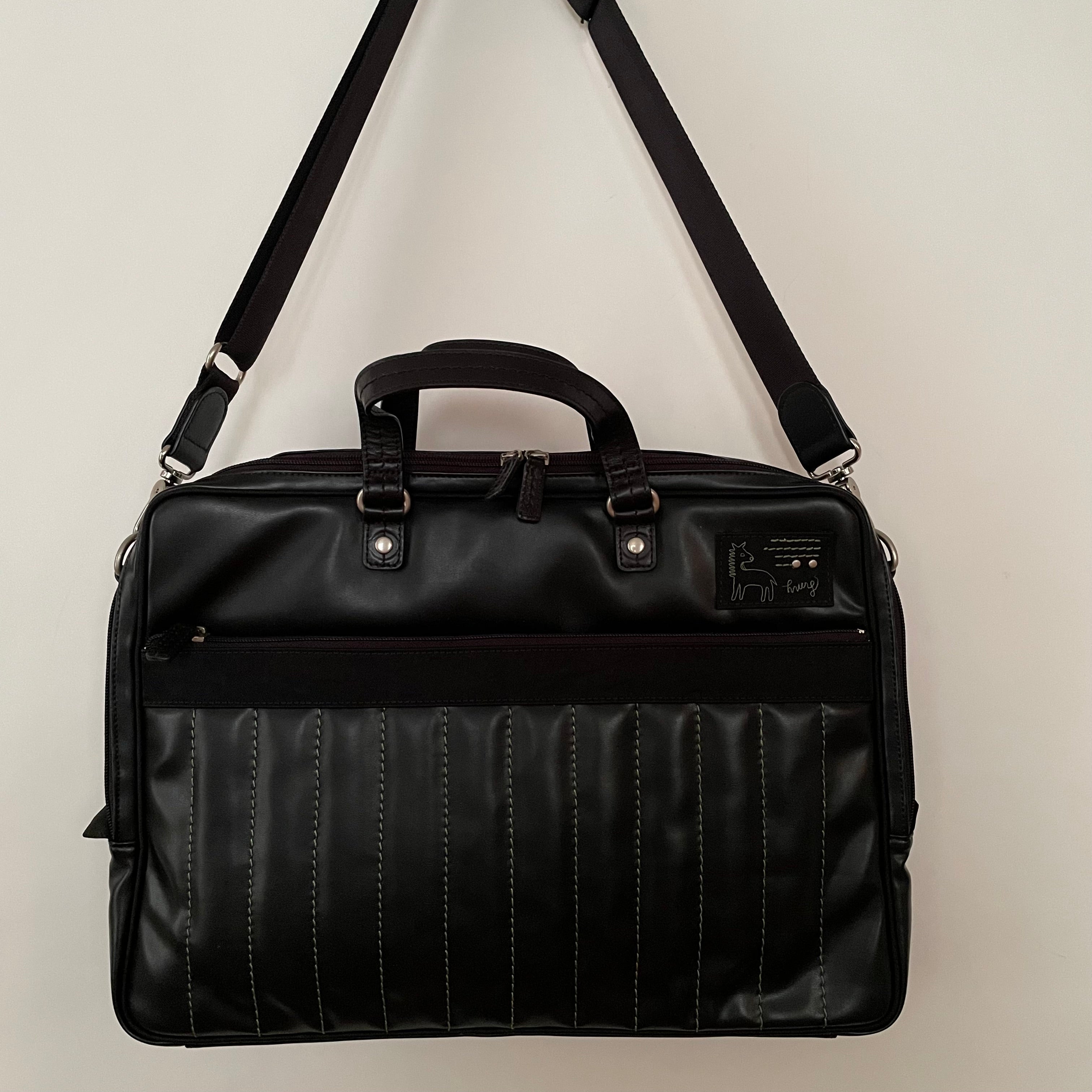 Premium Collection | Vegan Leather x Nylon x Leather Handles Briefcase with Stripe Stitch Accents | Black x Green