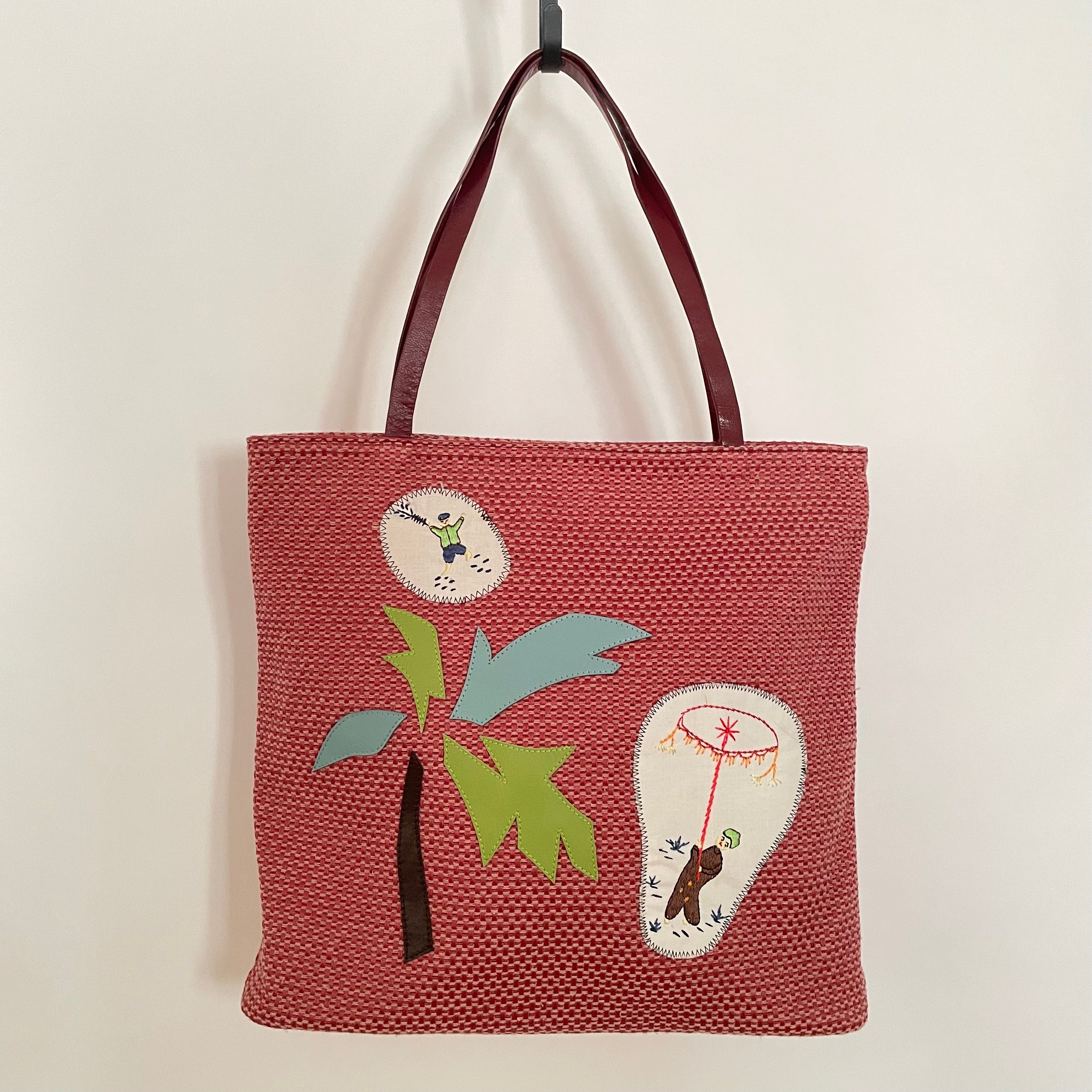 Premium Collection | Soft Cotton Tote with Palm Tree Embroidery Appliqué and Leather Handles | Red