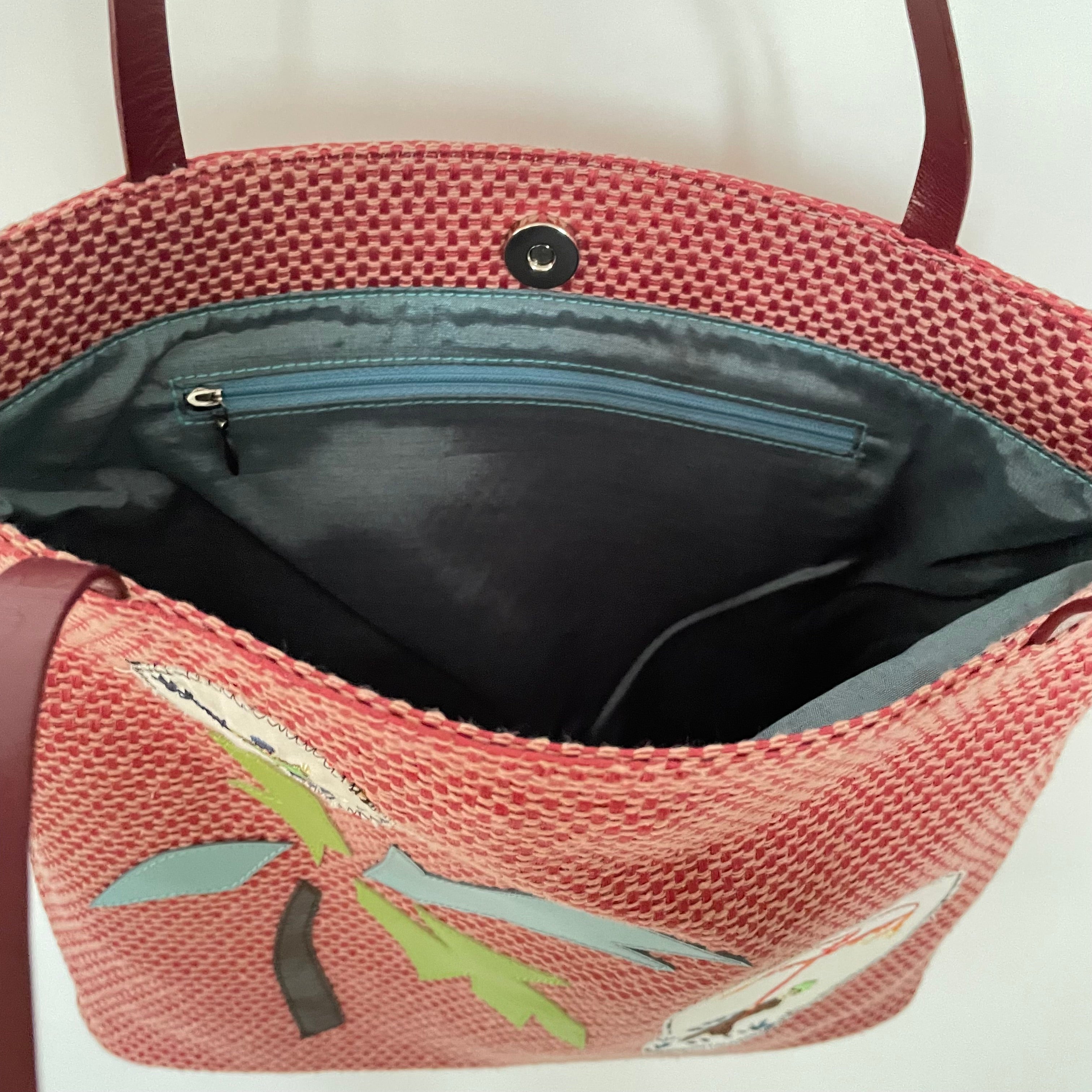 Premium Collection | Soft Cotton Tote with Palm Tree Embroidery Appliqué and Leather Handles | Red