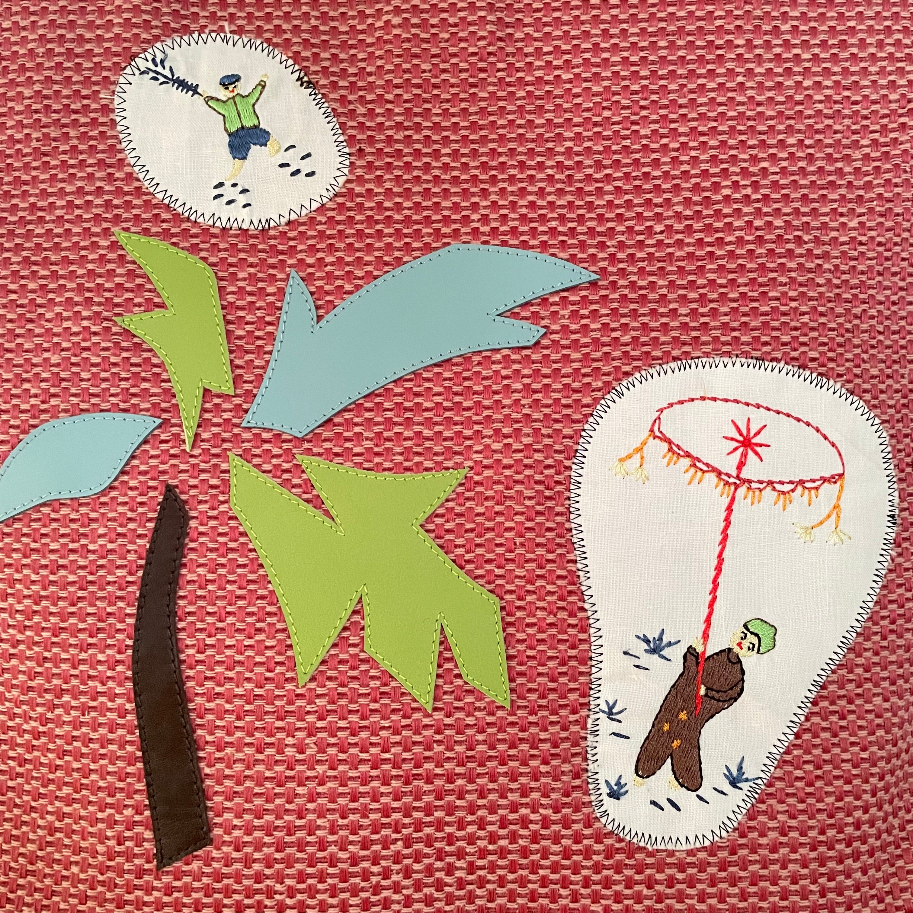 Premium Collection | Soft Cotton Tote with Palm Tree Embroidery Appliqué and Leather Handles | Red