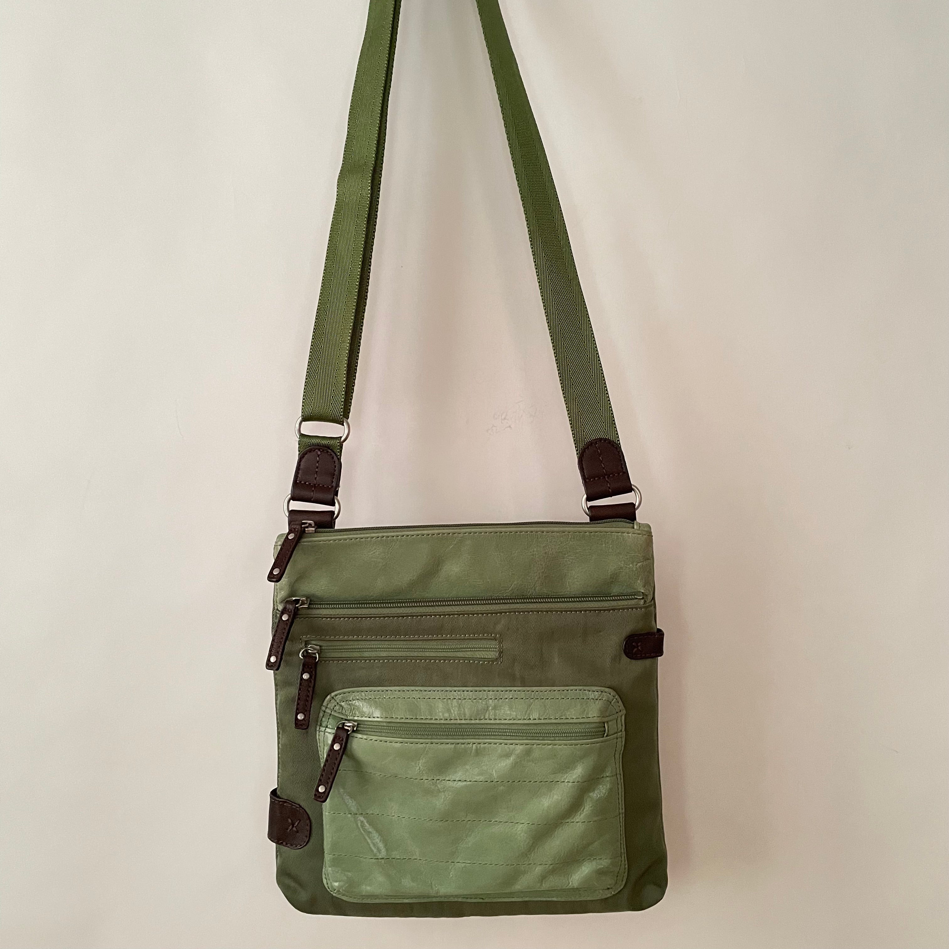 Premium Collection | Proto-KIKI Small Leather & Nylon Mix Cross-Body Shoulder Bag | Green x Brown