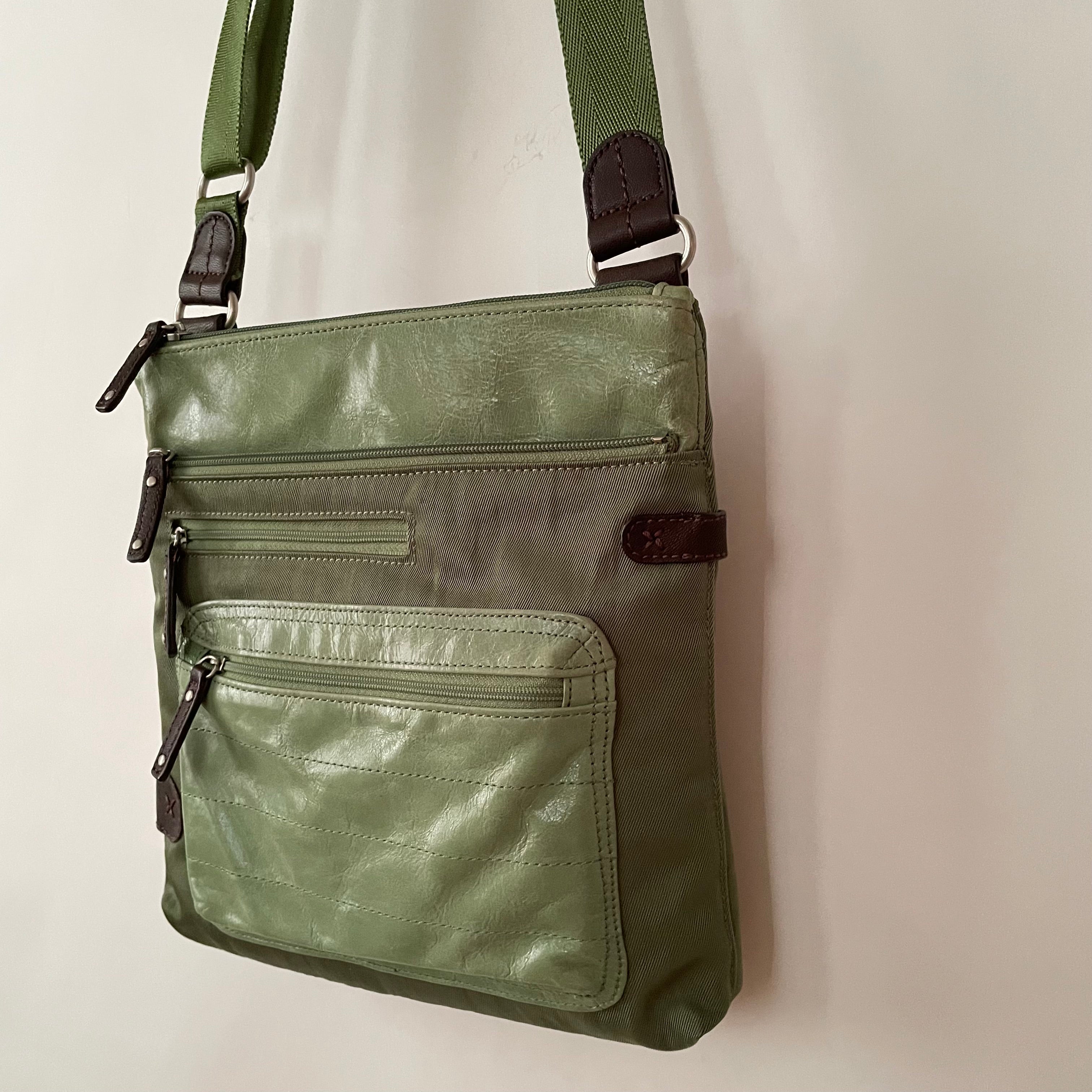 Premium Collection | Proto-KIKI Small Leather & Nylon Mix Cross-Body Shoulder Bag | Green x Brown