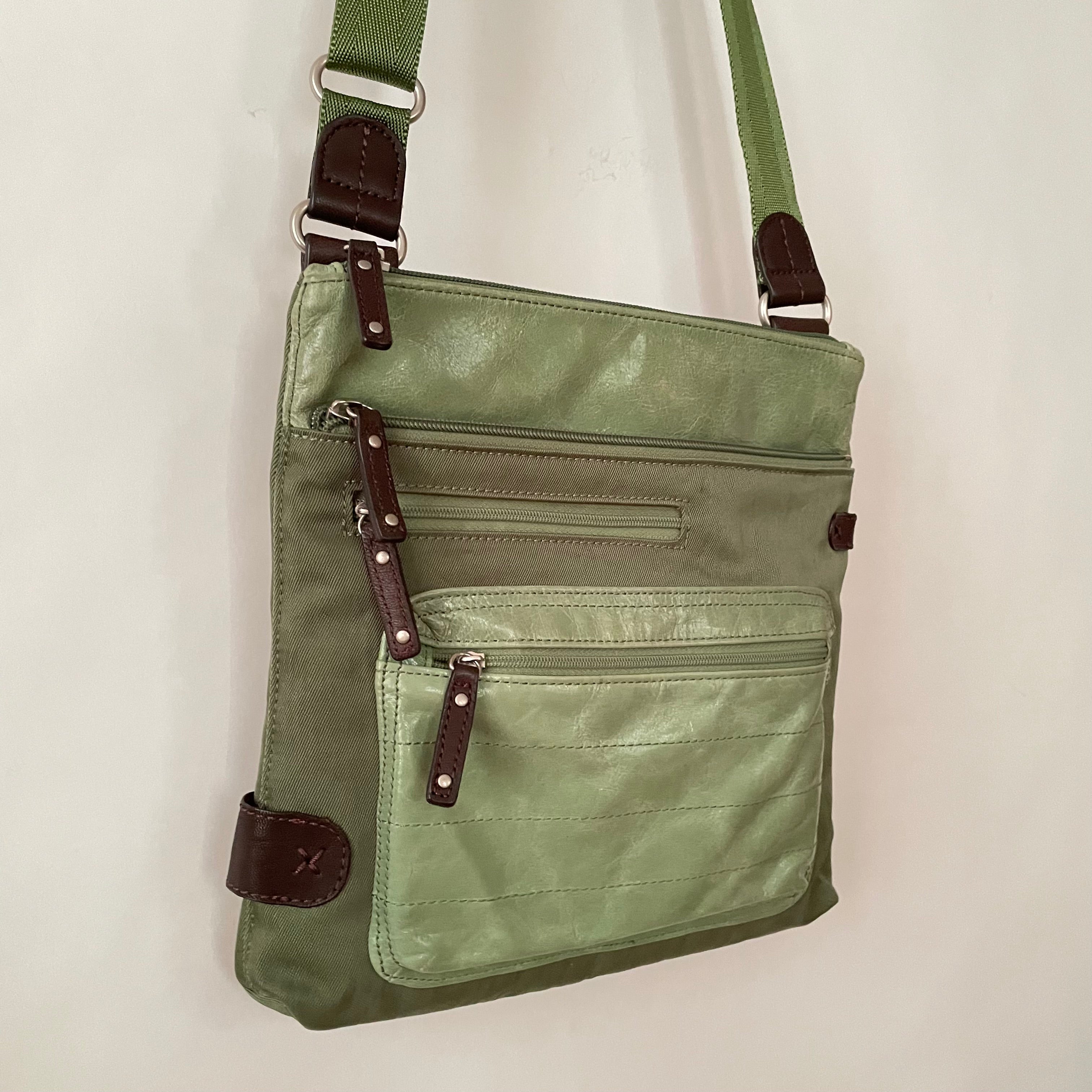 Premium Collection | Proto-KIKI Small Leather & Nylon Mix Cross-Body Shoulder Bag | Green x Brown