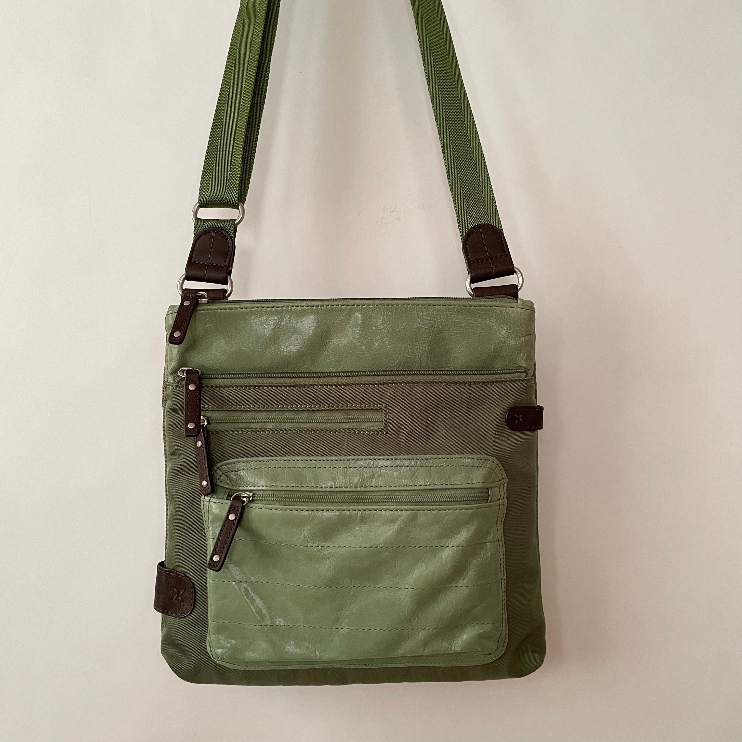 Premium Collection | Proto-KIKI Small Leather & Nylon Mix Cross-Body Shoulder Bag | Green x Brown