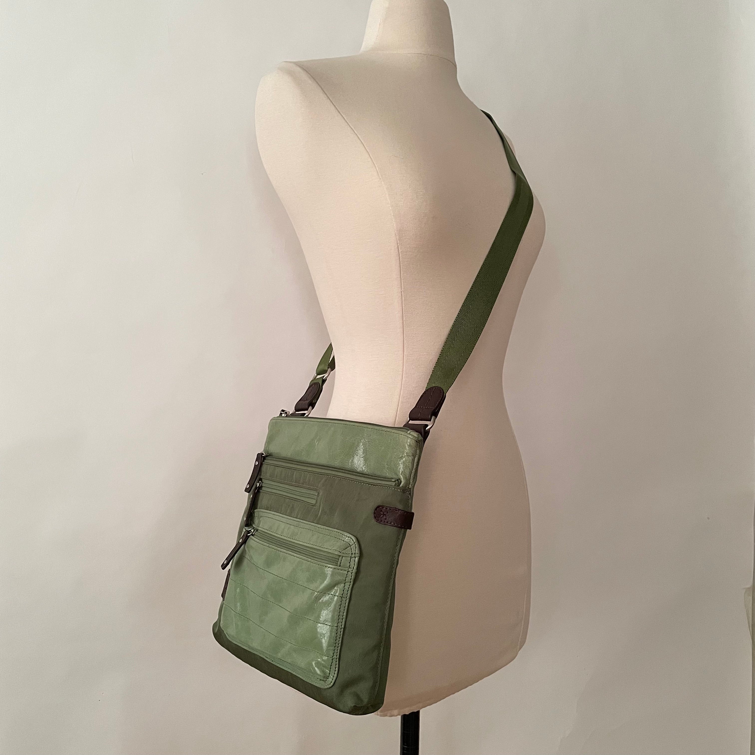 Premium Collection | Proto-KIKI Small Leather & Nylon Mix Cross-Body Shoulder Bag | Green x Brown