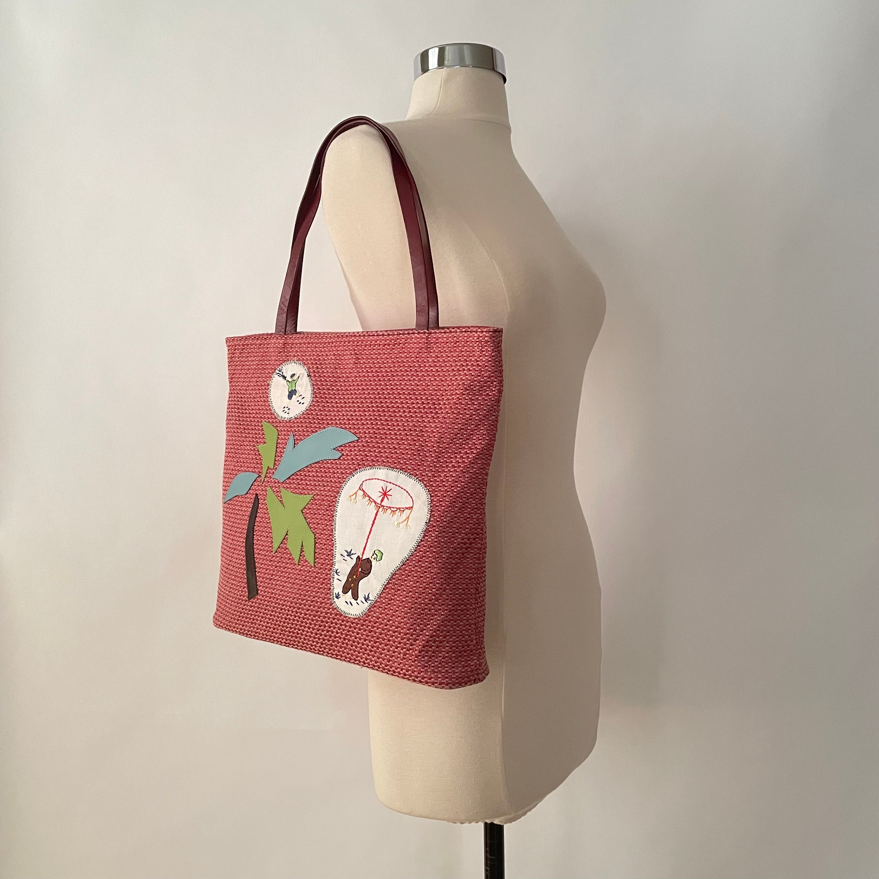 Premium Collection | Soft Cotton Tote with Palm Tree Embroidery Appliqué and Leather Handles | Red