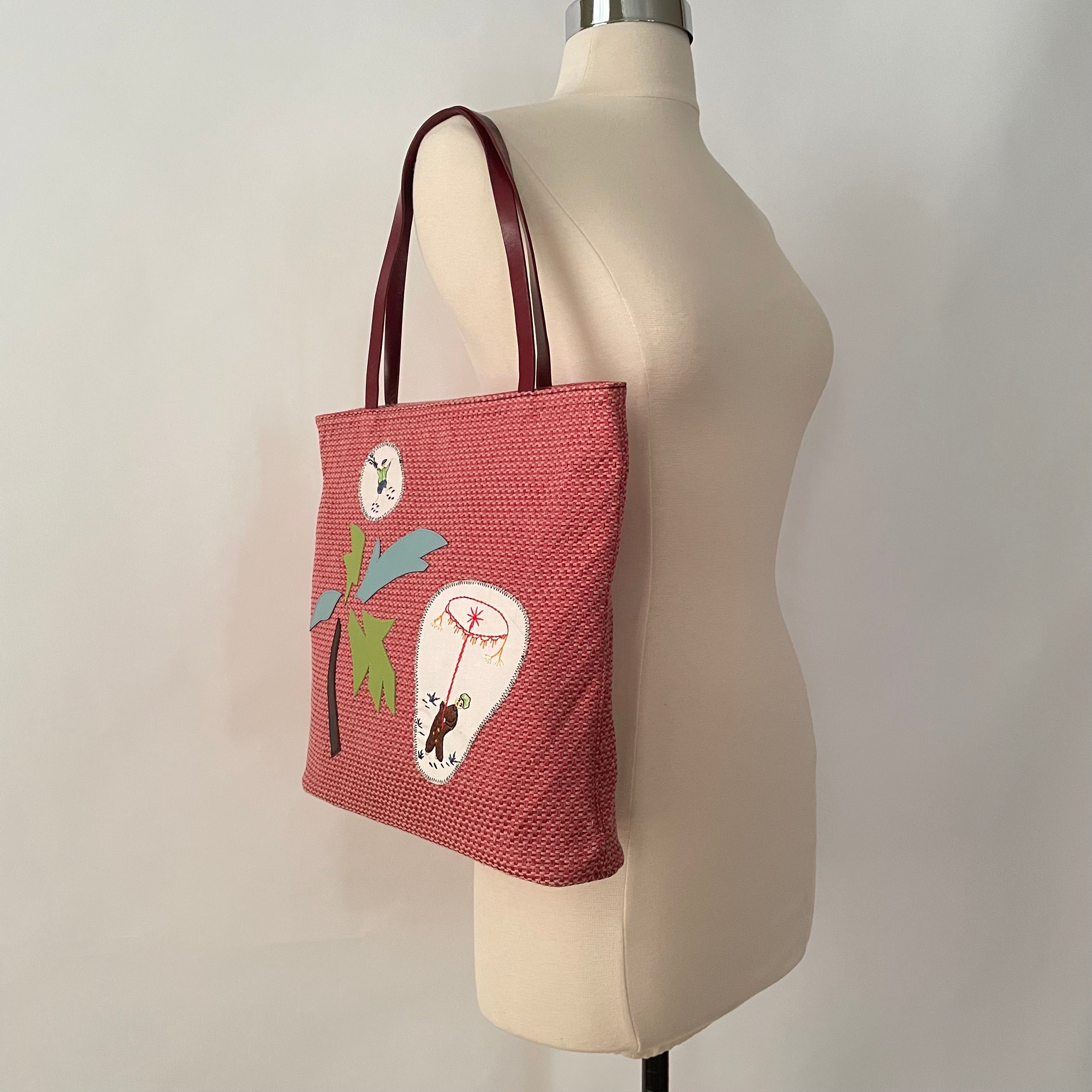 Premium Collection | Soft Cotton Tote with Palm Tree Embroidery Appliqué and Leather Handles | Red