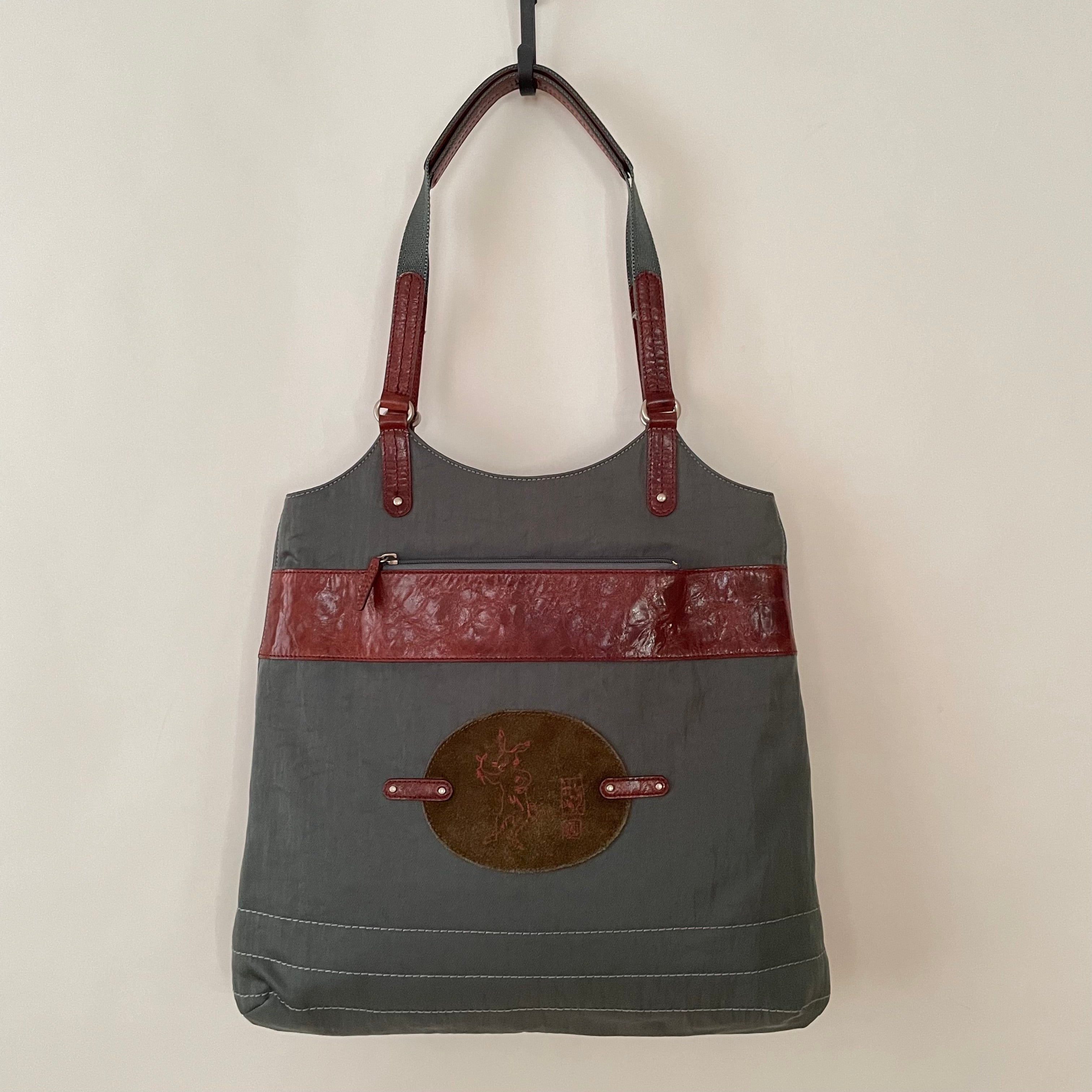 Premium Collection | Nylon Leather Mix Shoulder Bag with Rabbit Embroidery | Dark Sage x Chestnut