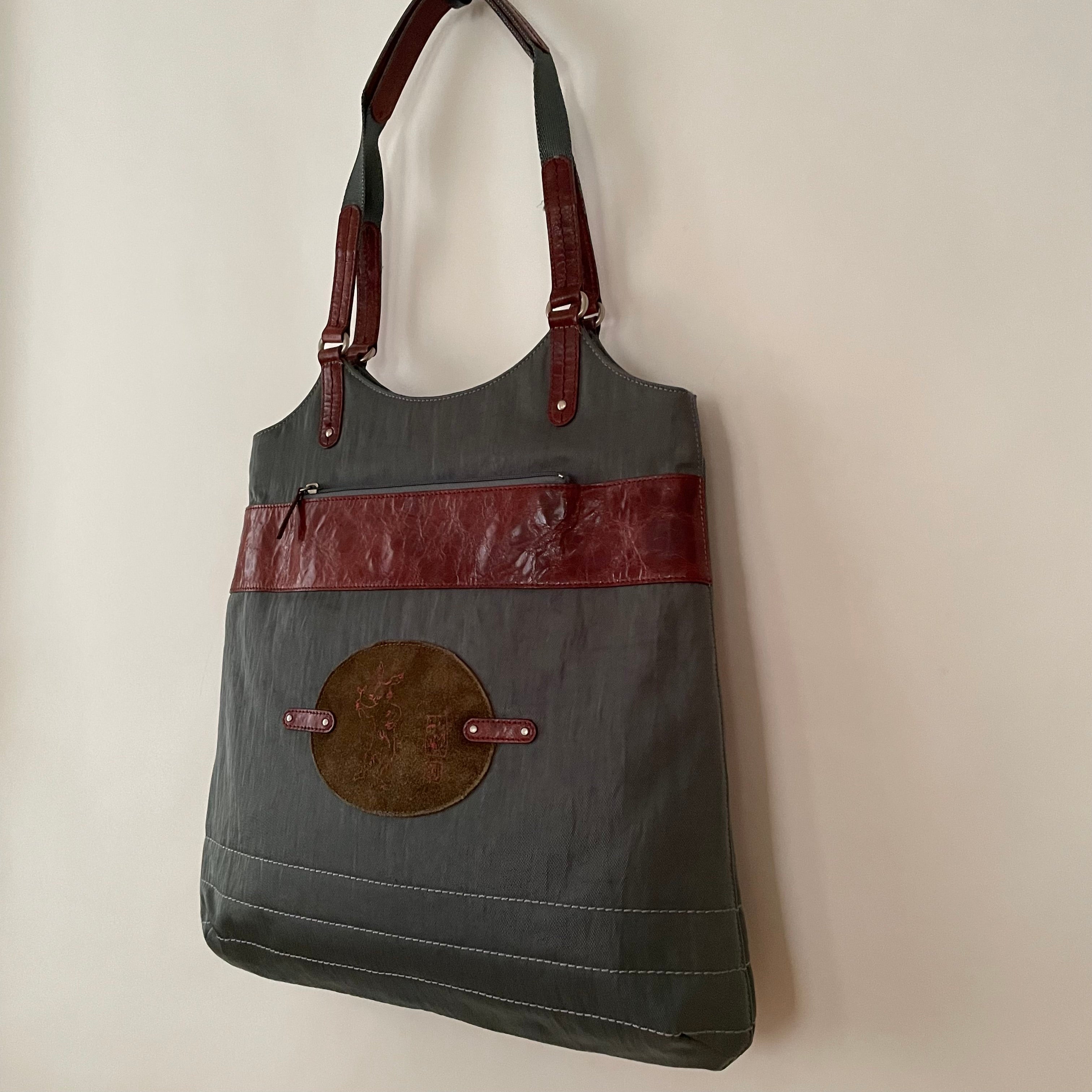 Premium Collection | Nylon Leather Mix Shoulder Bag with Rabbit Embroidery | Dark Sage x Chestnut