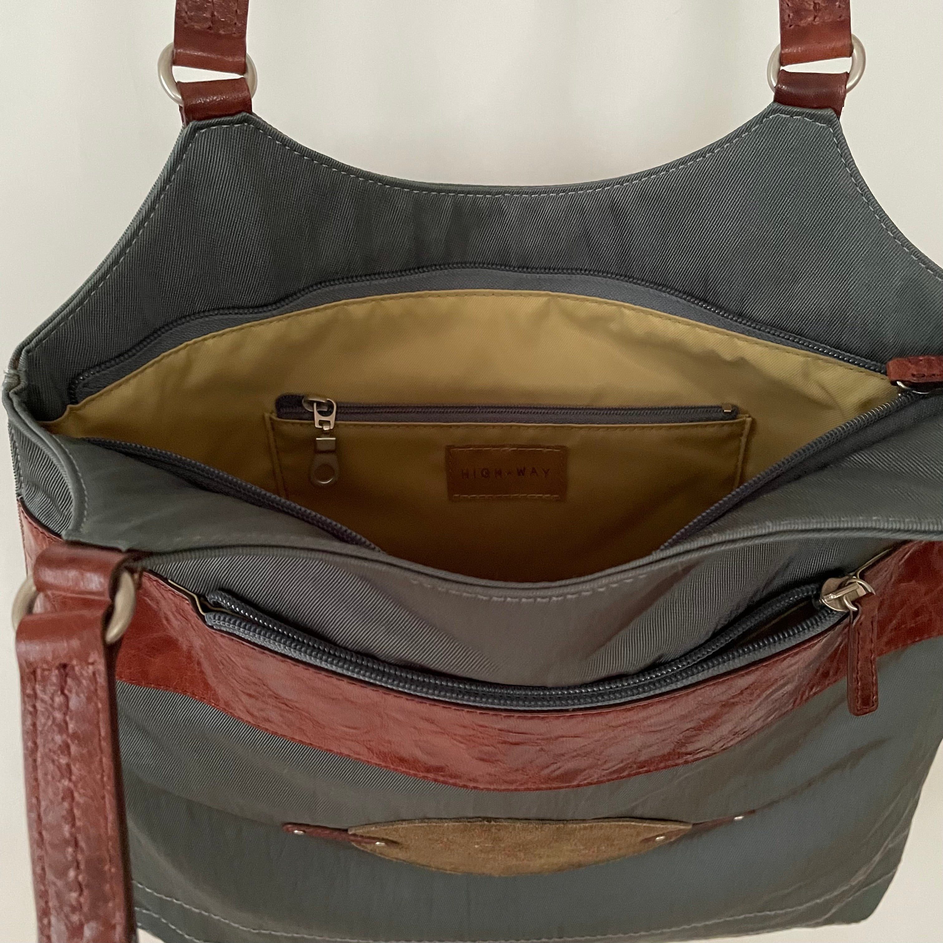 Premium Collection | Nylon Leather Mix Shoulder Bag with Rabbit Embroidery | Dark Sage x Chestnut