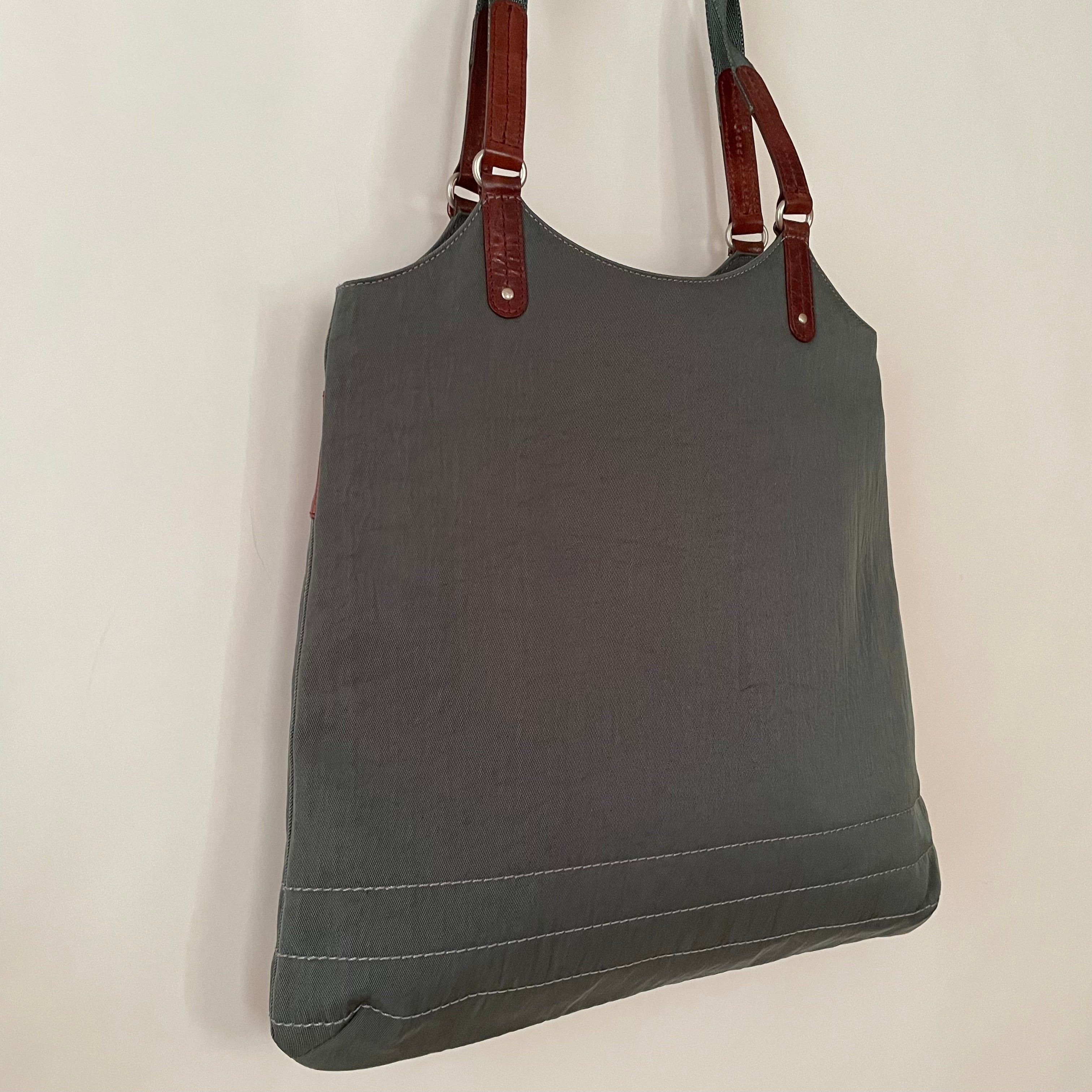 Premium Collection | Nylon Leather Mix Shoulder Bag with Rabbit Embroidery | Dark Sage x Chestnut