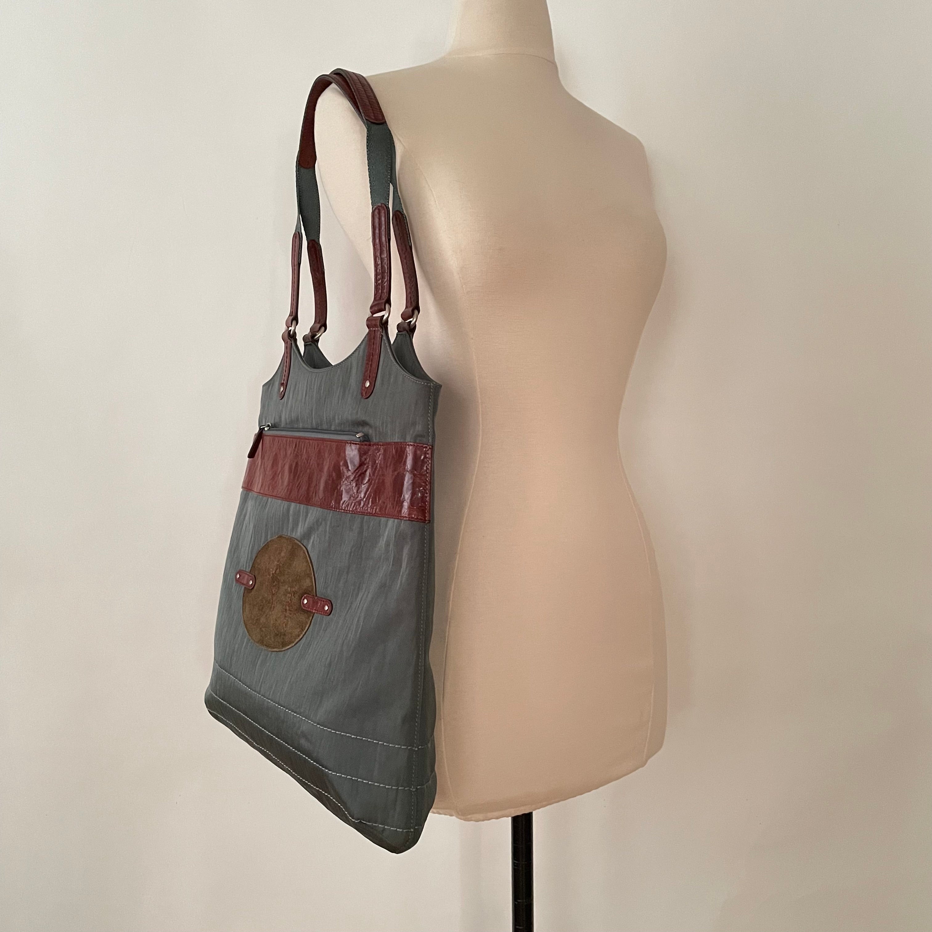 Premium Collection | Nylon Leather Mix Shoulder Bag with Rabbit Embroidery | Dark Sage x Chestnut