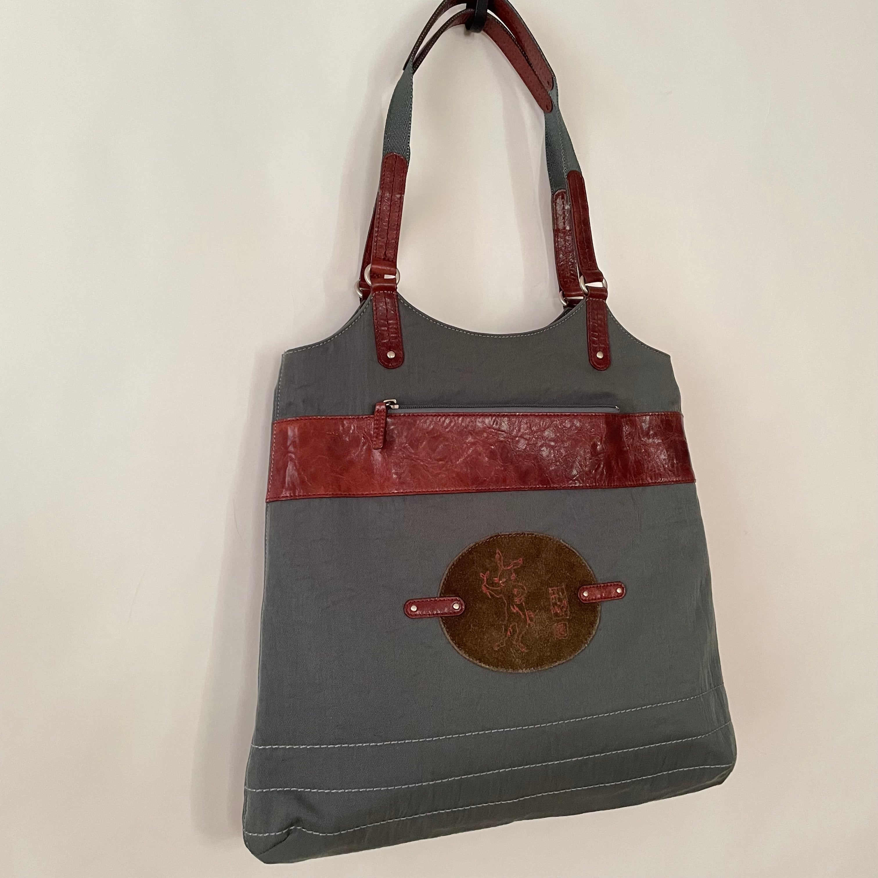 Premium Collection | Nylon Leather Mix Shoulder Bag with Rabbit Embroidery | Dark Sage x Chestnut