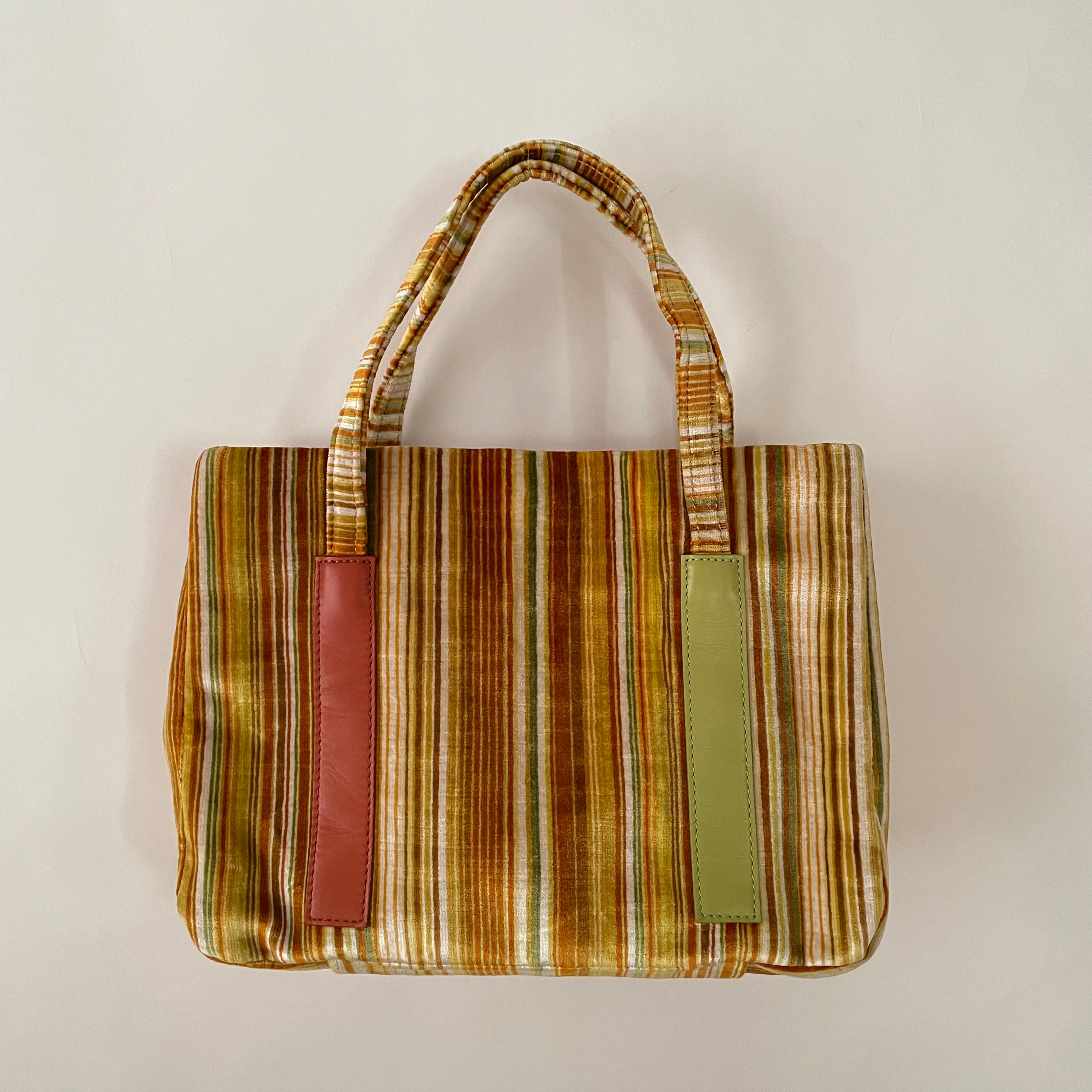 Premium Collection | Vintage Chenille Fabric Hand Bag with Rust and Lime Leather Accents | Yellow