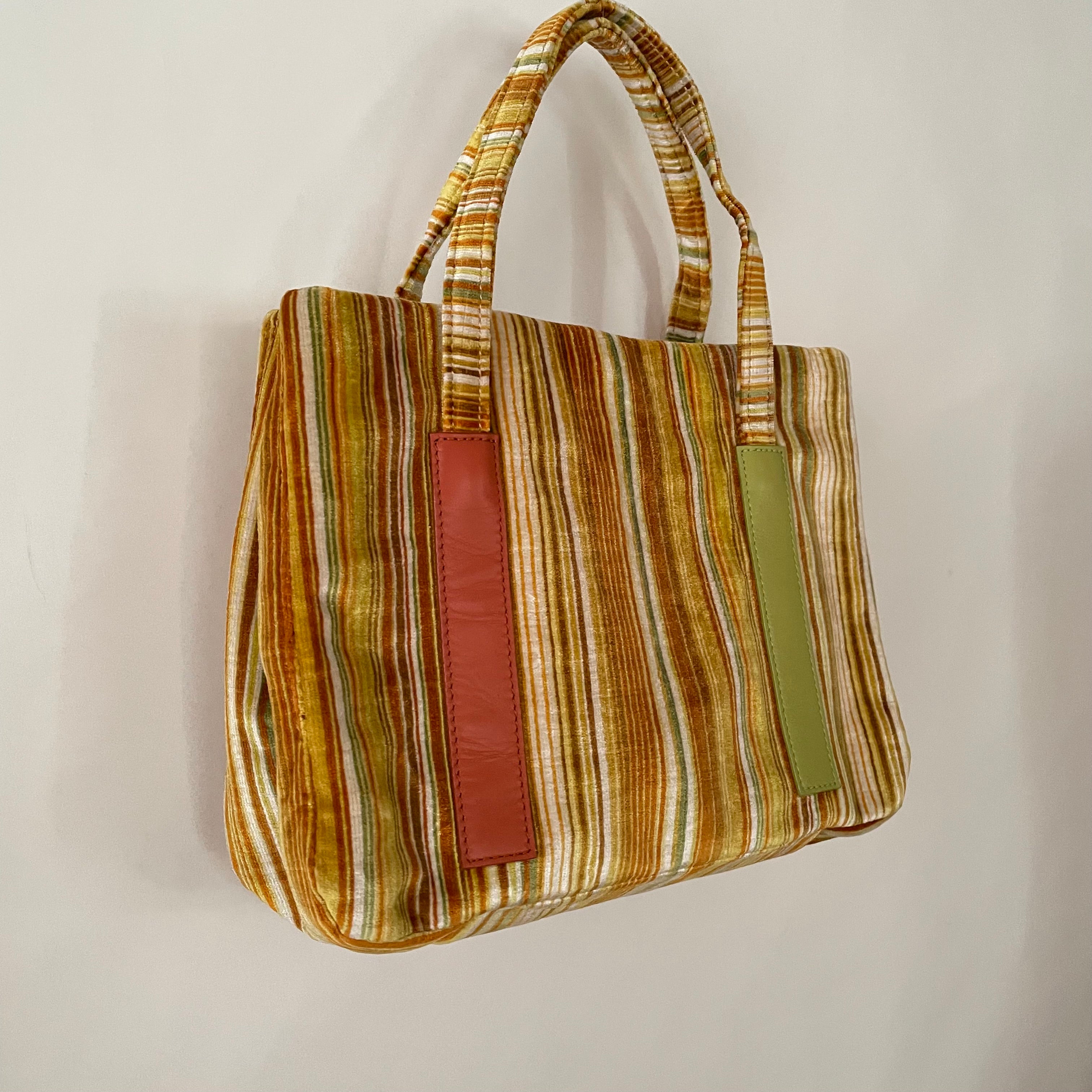 Premium Collection | Vintage Chenille Fabric Hand Bag with Rust and Lime Leather Accents | Yellow